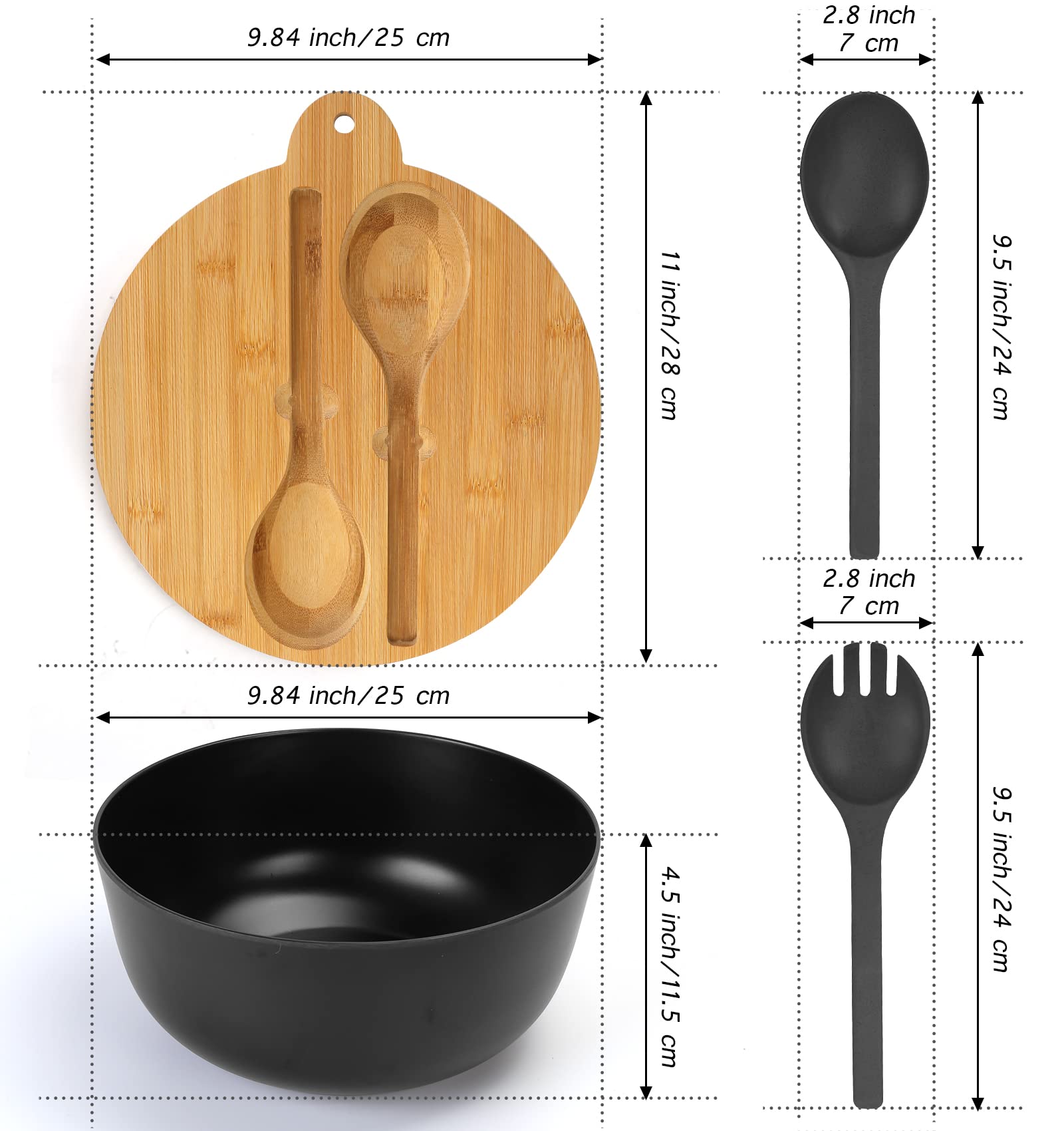 ShineMe 125oz Black Large Salad Bowl with Lid - Bamboo Fiber Airtight Mixing Bowl Set with Utensils for Kitchen, Storing, Serving & Travel | Perfect for Meal Prep, Picnics, Camping & Outdoor Dining