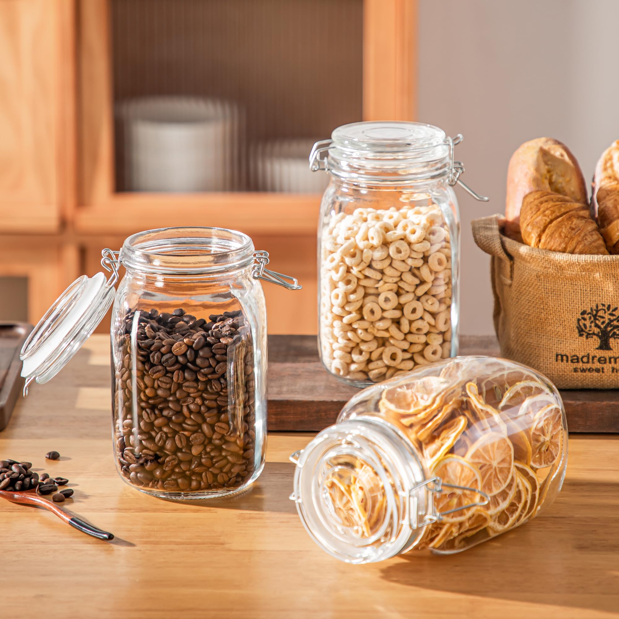 Amisglass 6-Piece 1.6 Liter Airtight Glass Jars with Leak-Proof Rubber Gasket & Hinged Lids - Perfect for Kitchen Pantry Organization, Dry Food Storage, Coffee Beans, Spices, and DIY Mason Jar Crafts