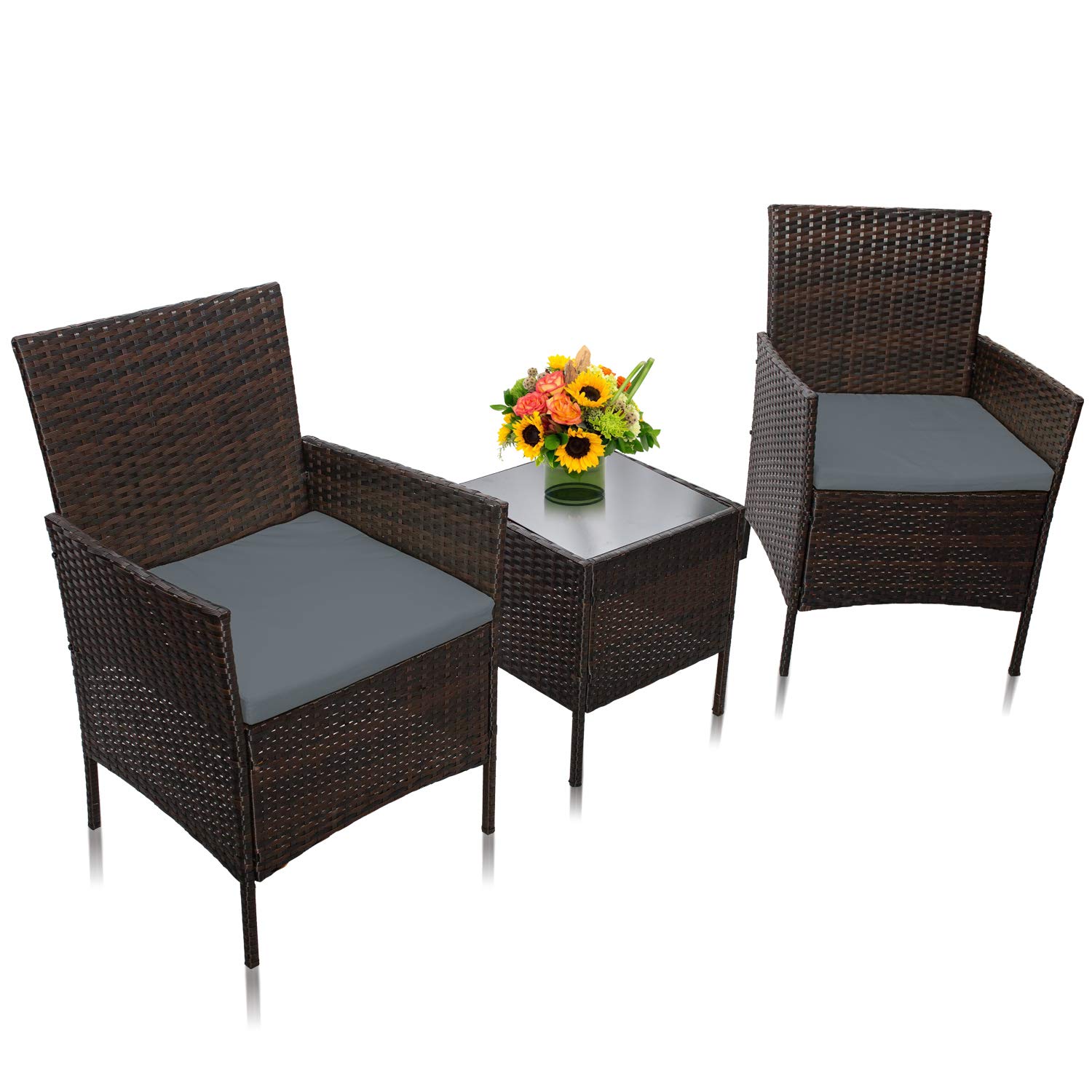 3-Piece Outdoor Patio Furniture Set - PE Wicker Rattan Chairs & Table Sofa with Cushioned Seats, Brown & Gray - Perfect for Garden, Poolside, and Backyard Relaxation