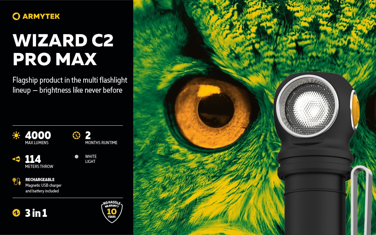 Armytek Wizard C2 Pro Max USB Rechargeable LED Headlamp - 4000 Lumens, Waterproof, for Camping, Hiking & Outdoor Adventures