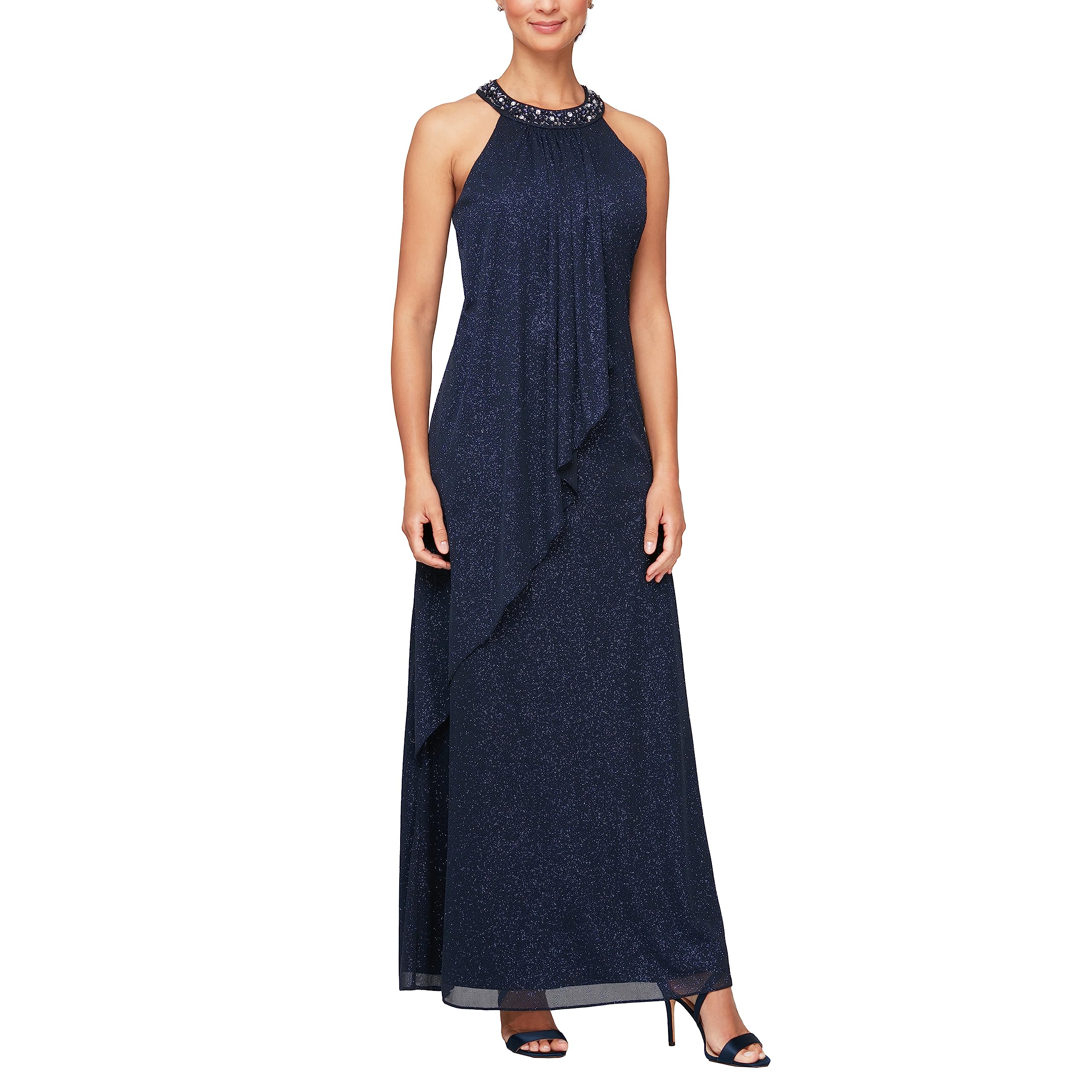 S.L. Fashions Women's Sparkly Long Formal Evening Gown with Beaded Halter Neckline - Elegant Prom Dress, Wedding Guest Outfit, Black Tie Event Gown for Special Occasions