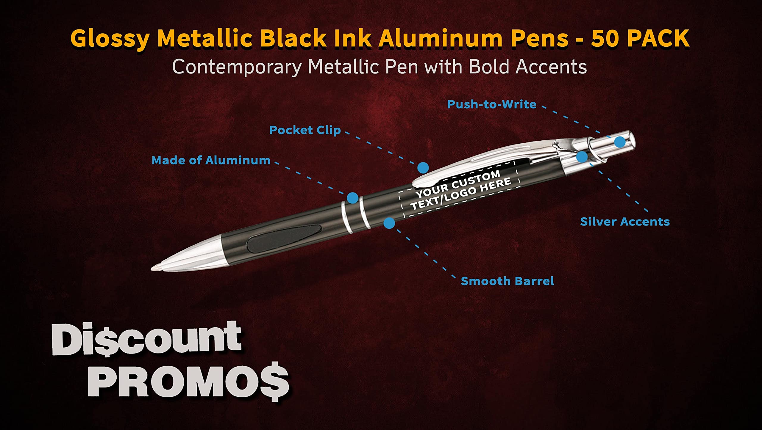 50 Pack Black Ink Metal Pens with Custom Text & Logo - Retractable Ballpoint Pens with Silver Accents - Premium Office & Business Writing Supplies for Gifts, Promotions & Corporate Branding