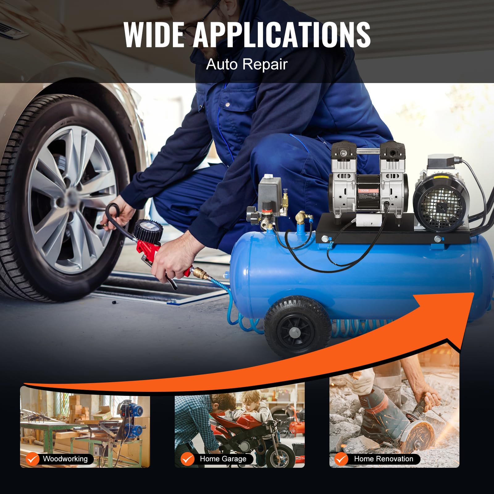 VEVOR 2HP Oil-Free Air Compressor Pump - 5.2CFM @ 90PSI, Max 145PSI Pressure, 78dB Ultra Quiet Motor for Auto Repair, Tire Inflation, Spray Painting & Woodworking | Portable Air Compressor for Garage, DIY Projects & Home Use