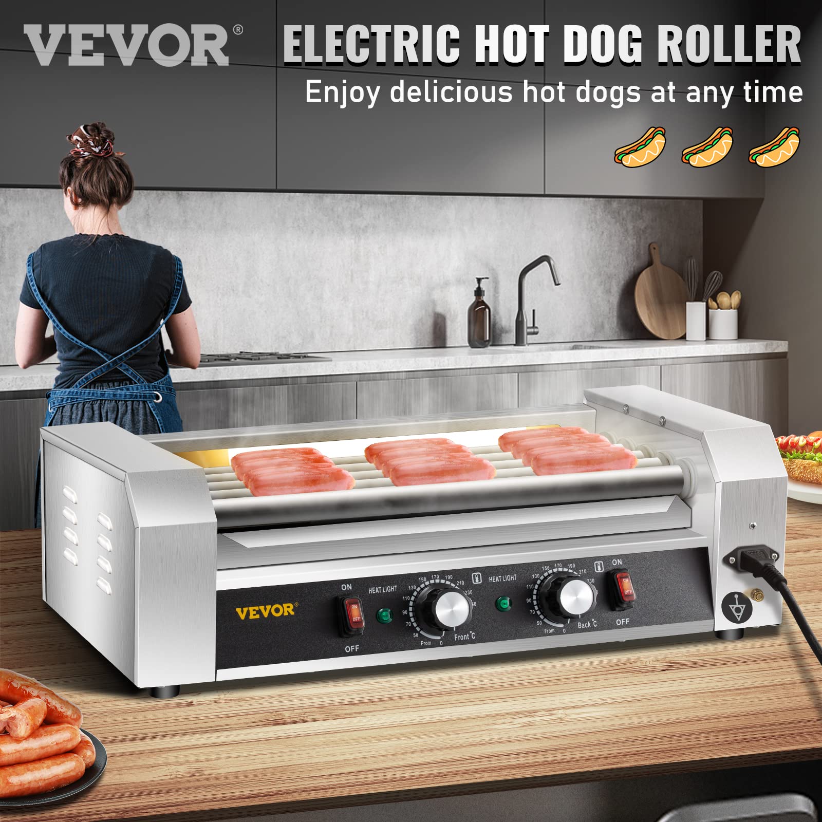 VEVOR Commercial Hot Dog Roller Machine - 12 Hot Dog Capacity, 5 Stainless Steel Rollers, 750W Sausage Grill Cooker with Dual Temperature Control, LED Light & Detachable Drip Tray - Perfect for Restaurants, Food Trucks, and Home Kitchens