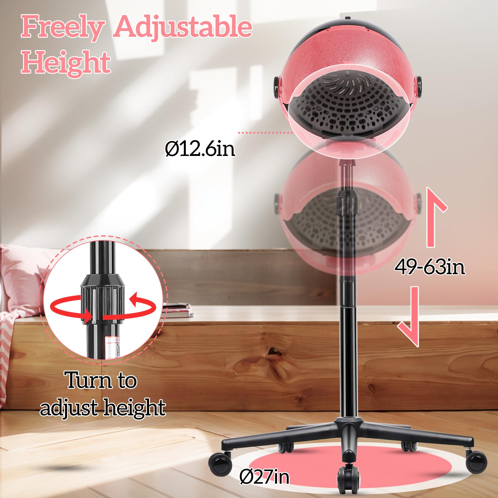 1500W Professional Hooded Hair Dryer with 3 Heat Settings & Timer - Touch Control Stand-Up Blow Dryer for Salon & Home Use (Pink) | Perfect for Curly Hair, Perms & Deep Conditioning Treatments