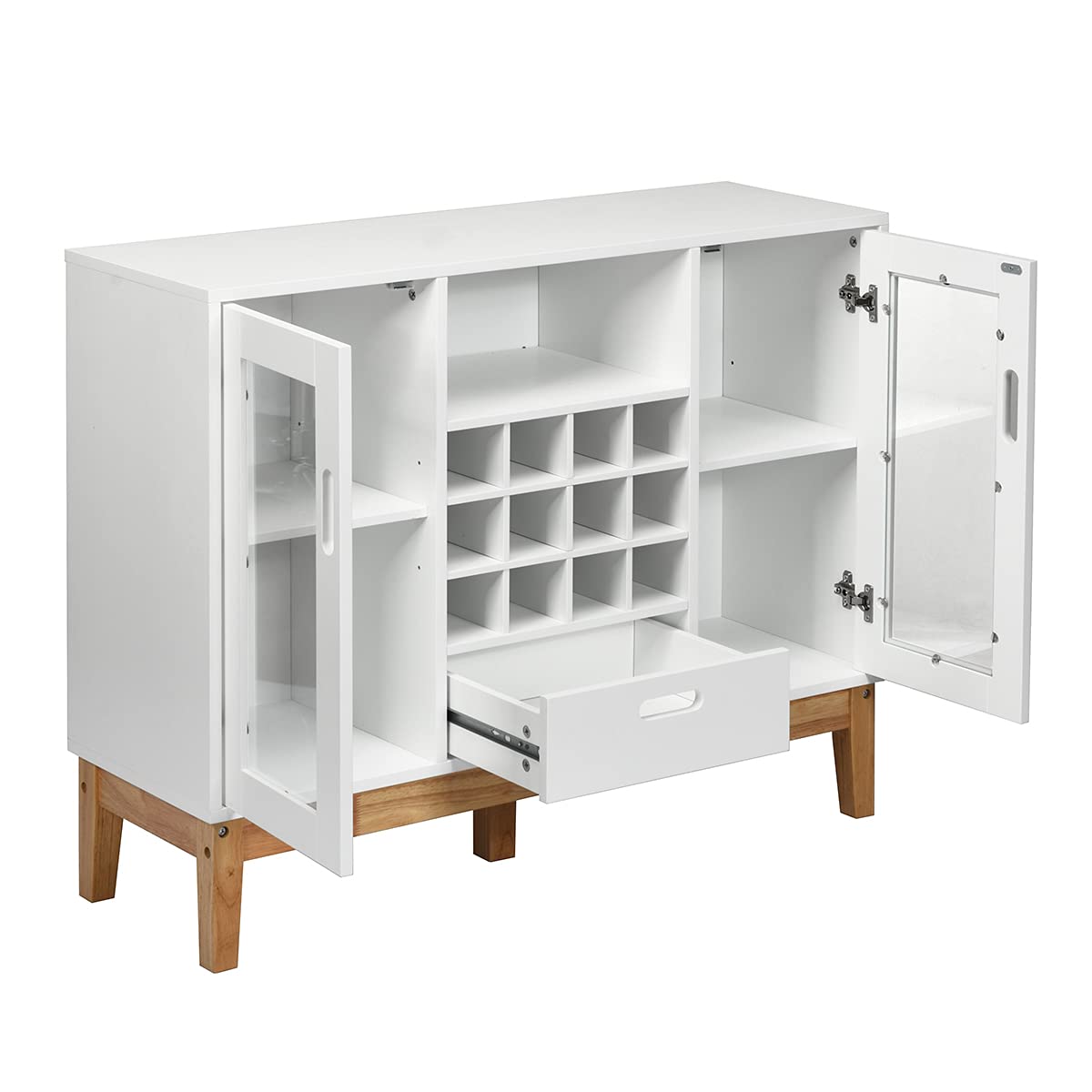 Modern Kitchen Storage Sideboard with Wine Rack - 12 Bottle Capacity, 2 Glass Doors, Adjustable Shelves & Drawer - Coffee Bar Cabinet for Dining Room, Entryway or Kitchen Organization