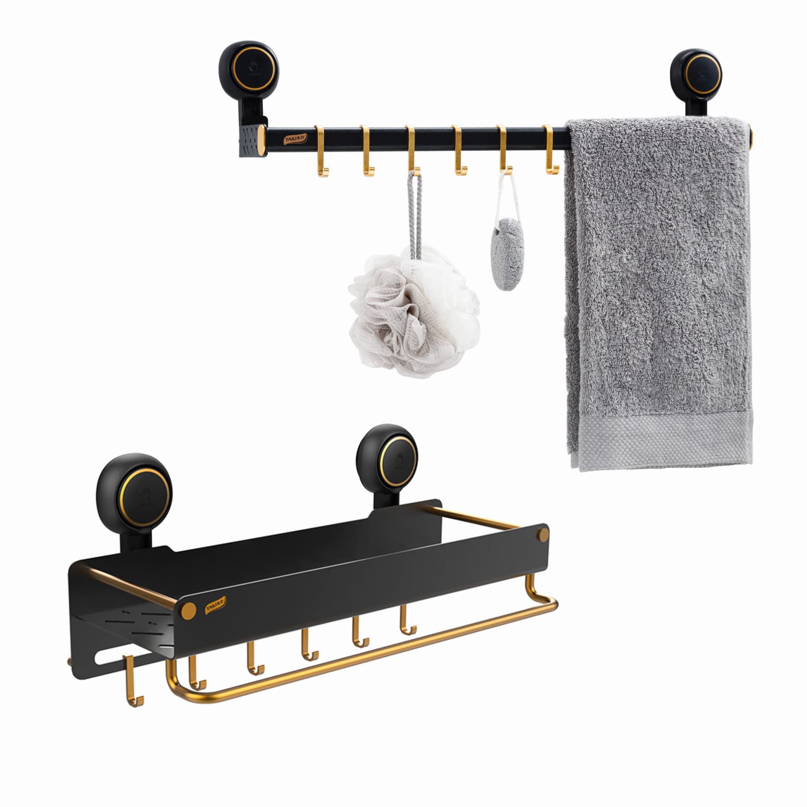 Premium Stainless Steel Shower Caddy & Towel Bar Rack - Heavy Duty Waterproof Bathroom Organizer with Strong Suction Cups - Rustproof Shower Shelf for Bathroom & Kitchen Storage - Matte Black - Perfect for Small Spaces & Apartment Living