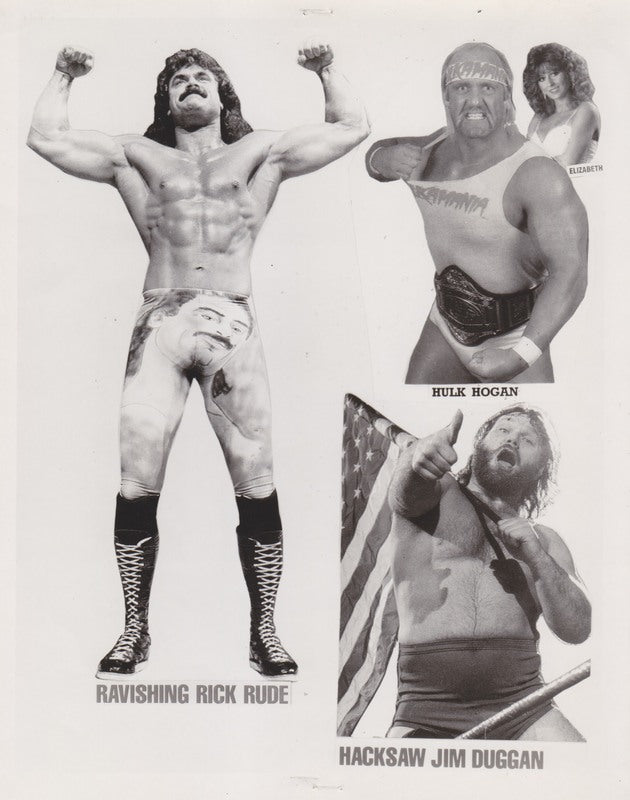 Vintage 1988 Arena Wrestling Promo Poster - Rick Rude vs. Hacksaw Jim Duggan & Hulk Hogan with Elizabeth - Collectible Memorabilia for Wrestling Fans, Man Cave Decor, Sports Bar Wall Art
