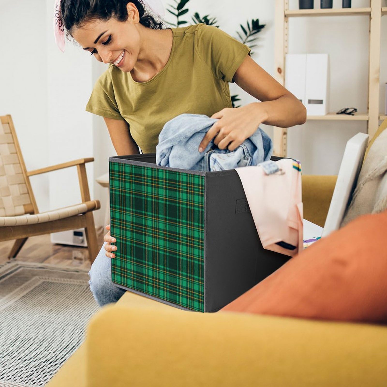 Green Scottish Tartan Plaid Fabric Storage Cubes - Pack of 2 Foldable Organizing Bins with Handles for Closet, Pantry, Shelf, Toy Storage & Home Organization | Perfect for Kids' Rooms, Dorm Rooms & Nursery Organization