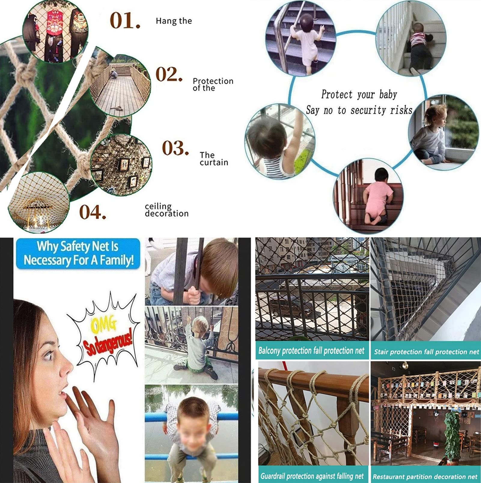 Premium Hemp Safety Net for Kids - Heavy Duty Climbing & Playground Protection (6.6x13.1ft) - Balcony, Stairs, Garden & Indoor/Outdoor Safety Mesh (0.31in Rope, 3.94in Mesh) - Perfect for Play Areas, Tree Houses, and Childproofing Spaces