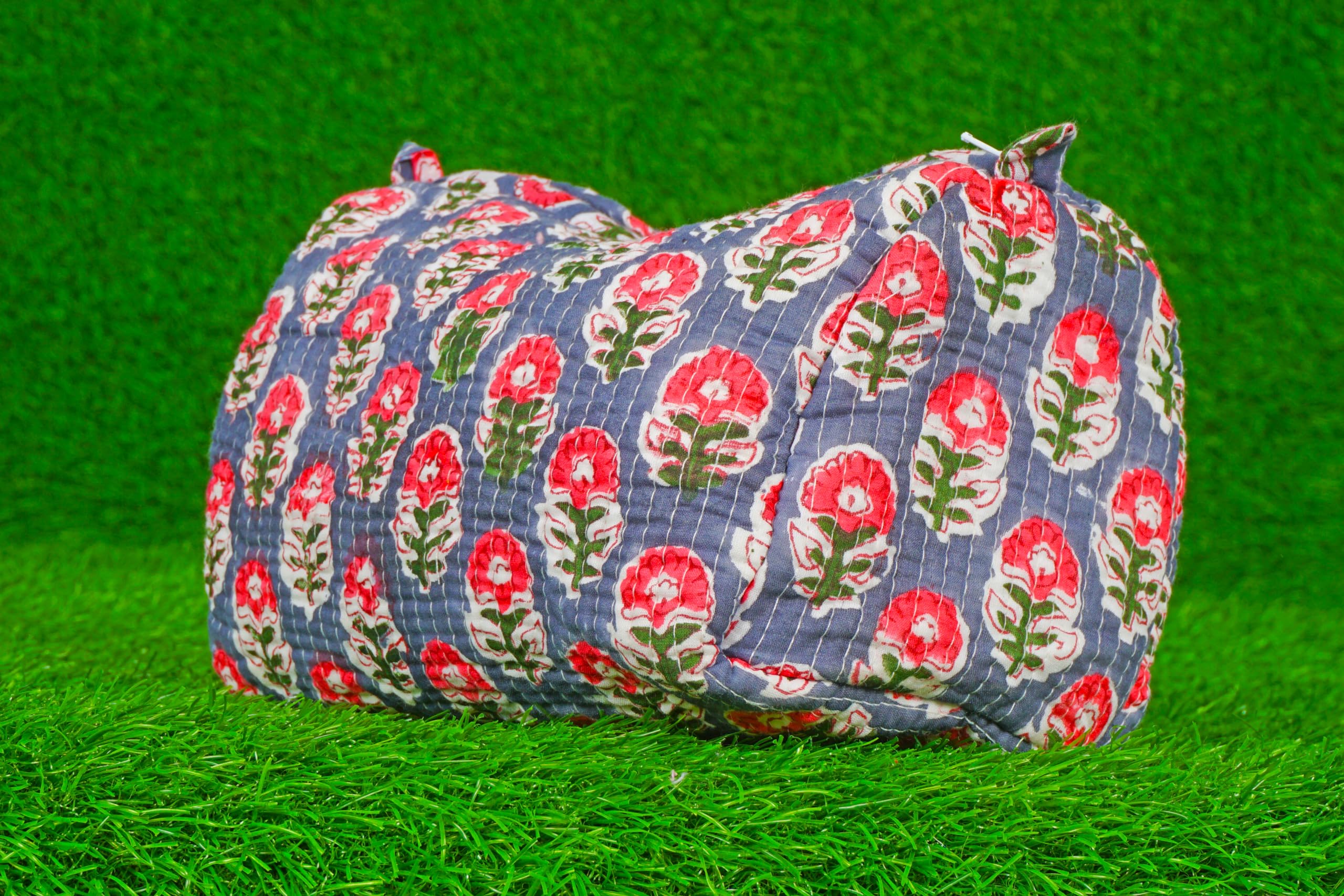 Handmade Indian Cotton Quilted Floral Block Print Toiletry Bag - Blue Cosmetic Pouch & Makeup Bag for Women | Travel Organizer, Gift Idea (1, Blue A)
