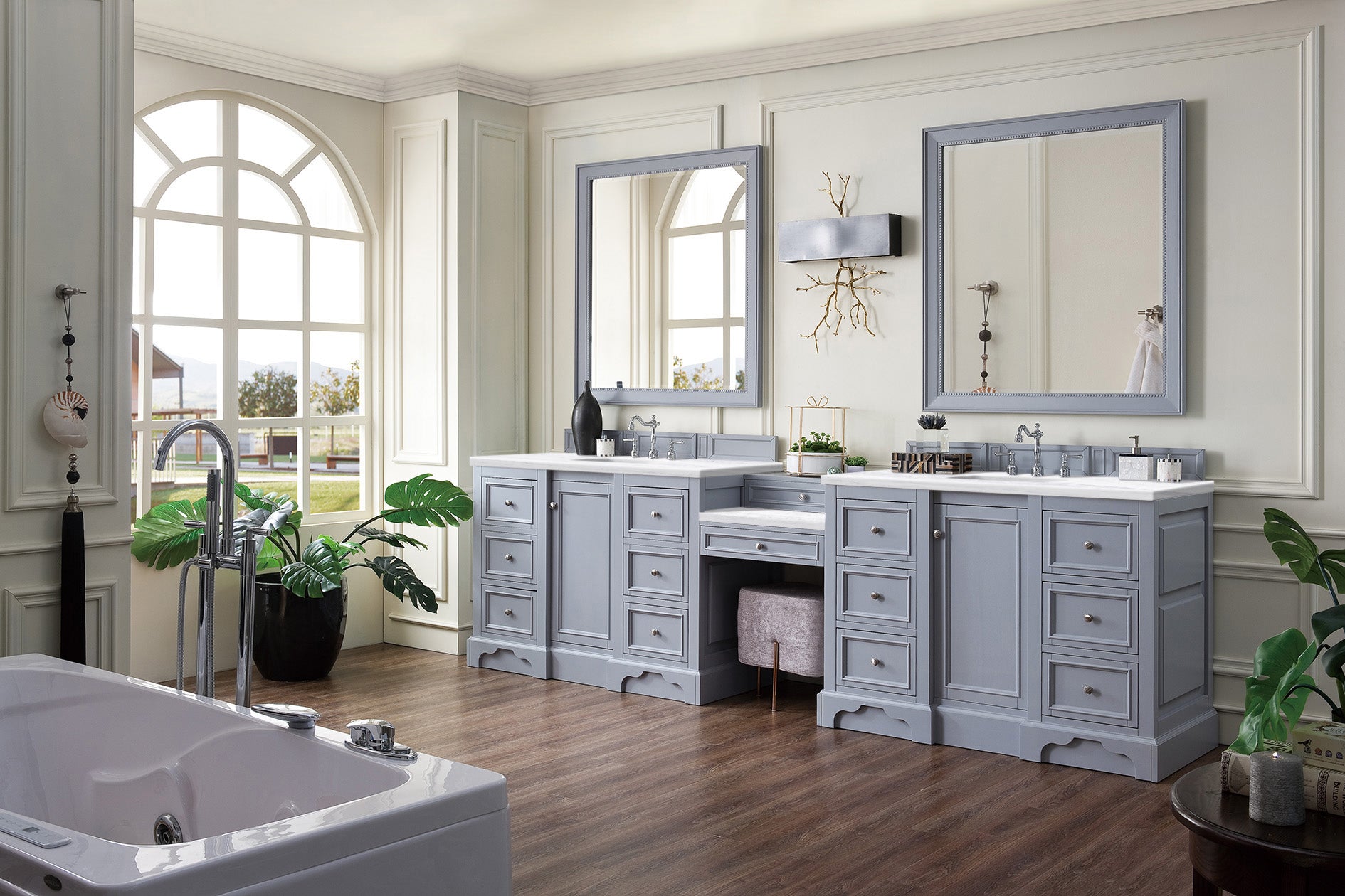 De Soto 118 Double Vanity Set with Makeup Table - Silver Gray Bathroom Vanity with 3CM Arctic Fall Solid Surface Top for Master Bathroom Remodeling & Home Decor