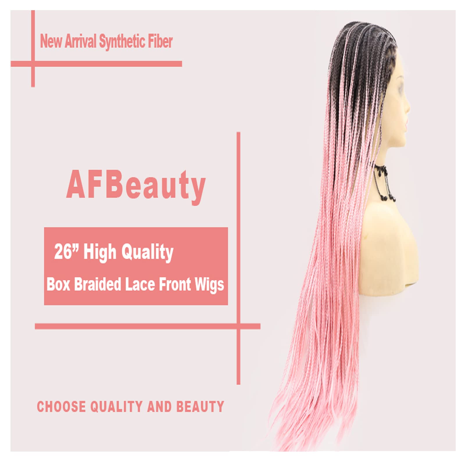 26 Inch Pink Braid Lace Front Wig - Heat Resistant Synthetic Hair with Realistic Long Black to Peach Pink Ombre - Perfect for Black Women, Drag Queen Cosplay, Parties & Everyday Wear