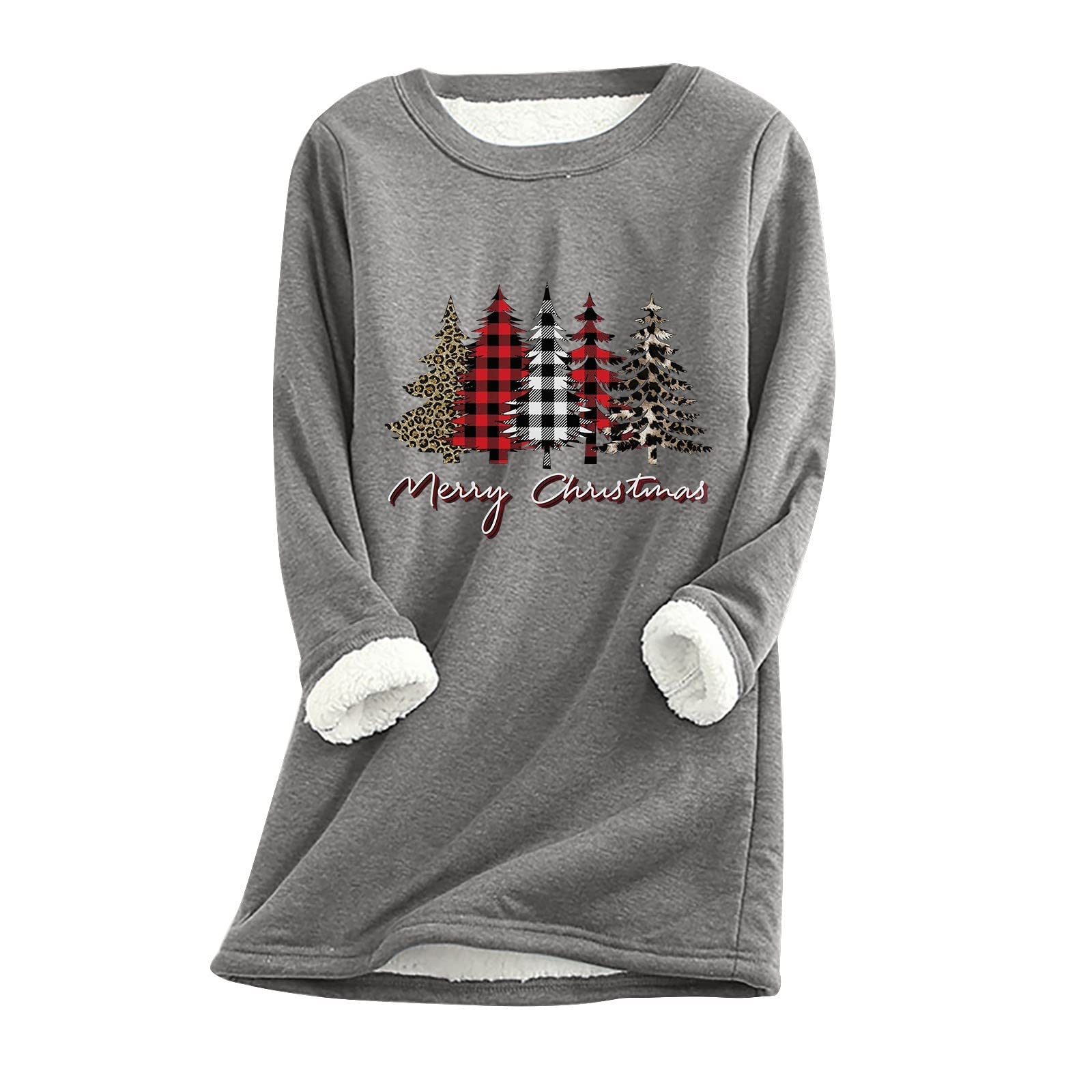 Women's Fleece Lined Thermal Long Sleeve Christmas Tree Graphic Pullover - Cozy Winter Sweater for Holiday Parties & Casual Outfits