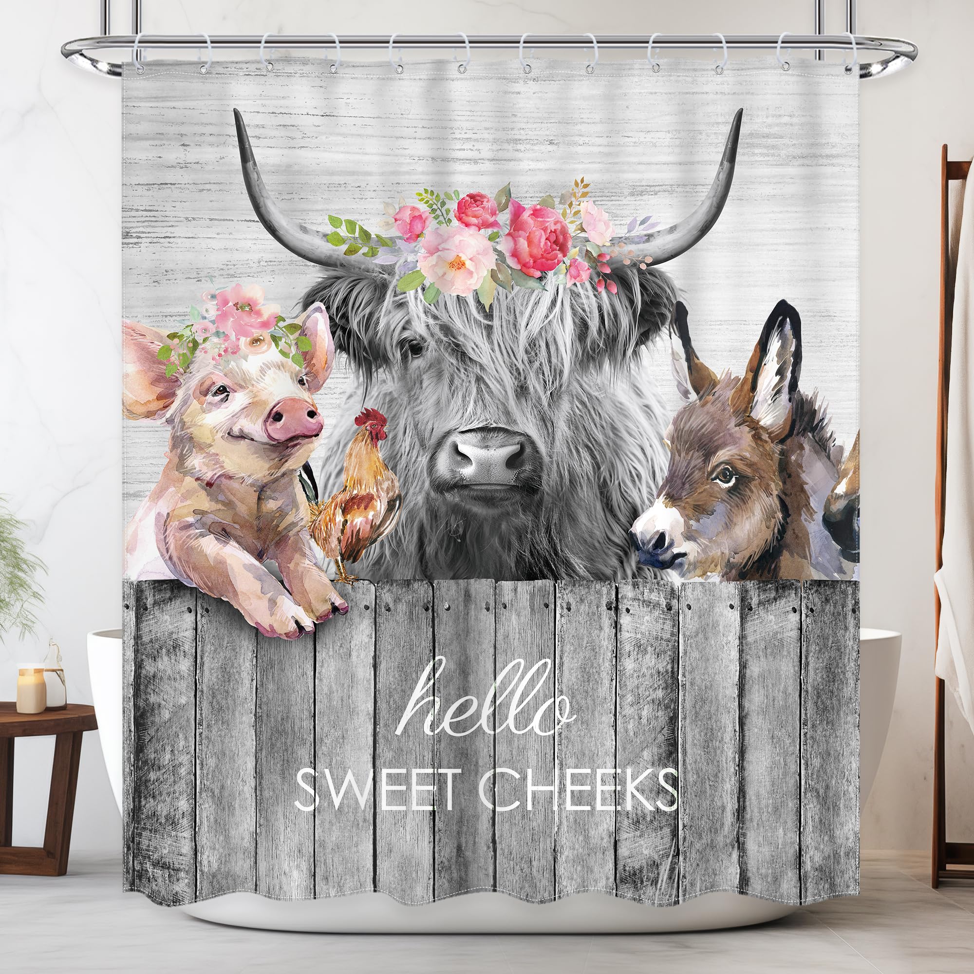 Highland Cow Farm Animals Shower Curtain - Cute Cow, Chicken & Pig with Flowers Design - Waterproof Bathroom Decor (60x72 Inches) for Western Farmhouse & Rustic Style Bathrooms - Perfect for Country Themed Homes and Guest Baths