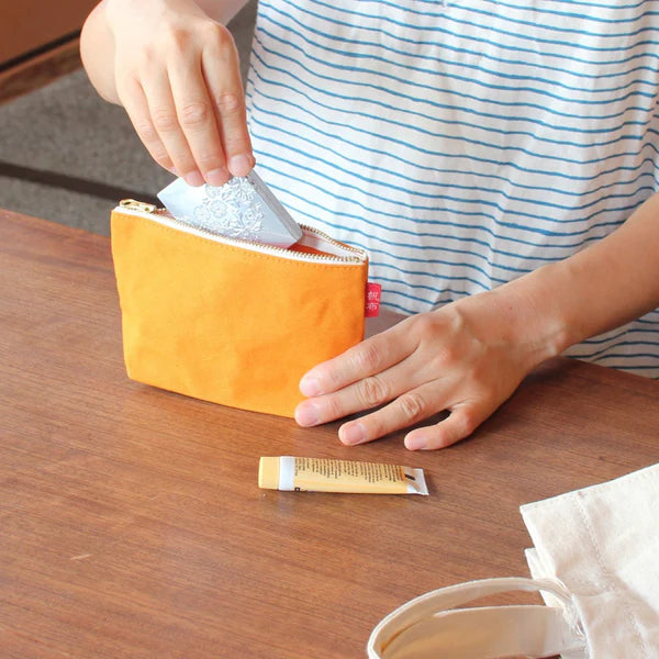 Kurashiki Hampu Canvas Boat Shaped Pouch - Small Size Orange Japanese Handmade Bag for Travel, Cosmetics & Daily Essentials