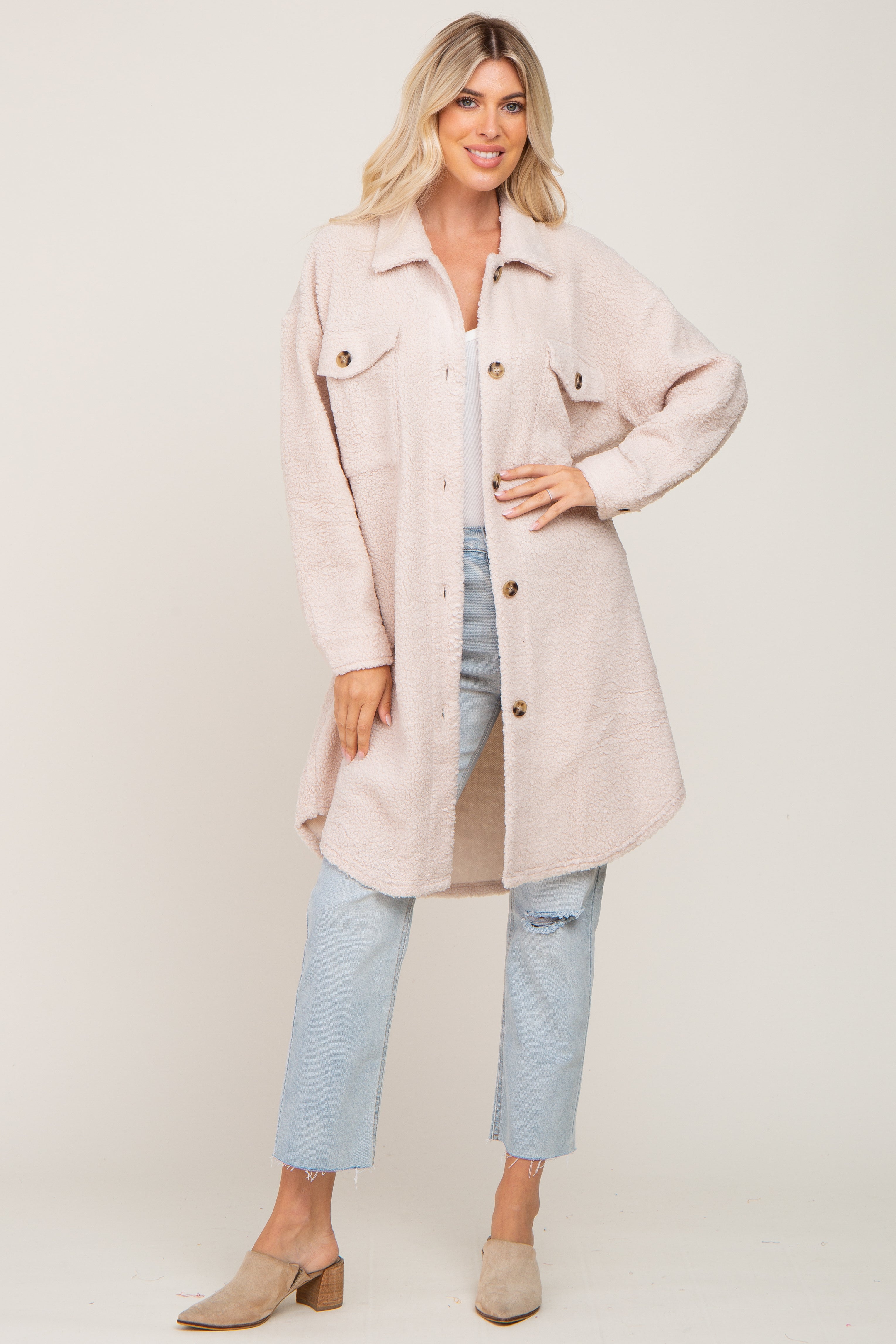 Cozy Beige Fleece Long Shirt Jacket for Women - Soft & Warm Oversized Button Up Cardigan - Perfect for Fall, Winter & Layering Outfits