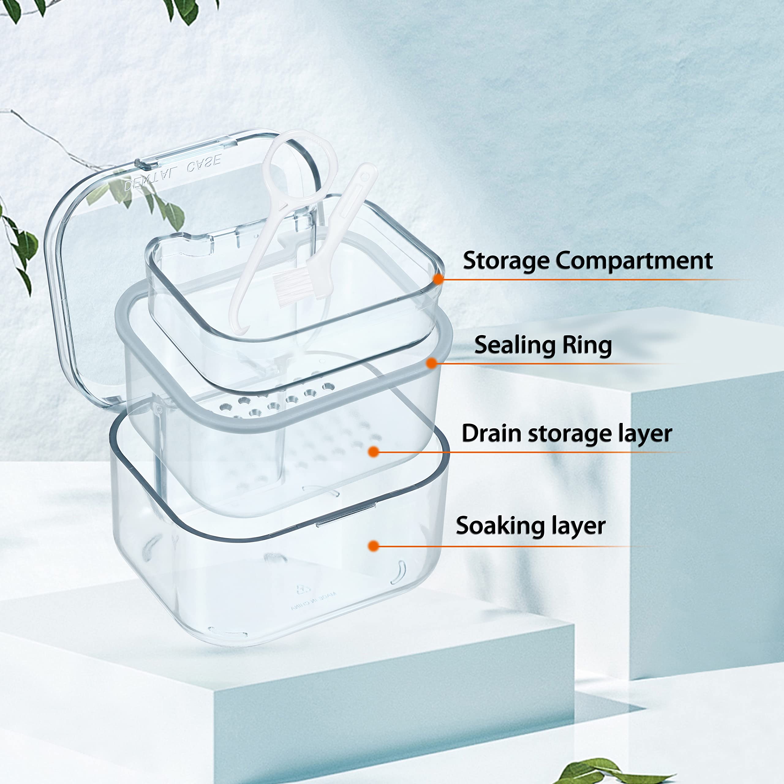 3-Tier Denture Soak Case with Brush & Strainer - Travel-Friendly Cleaning Container