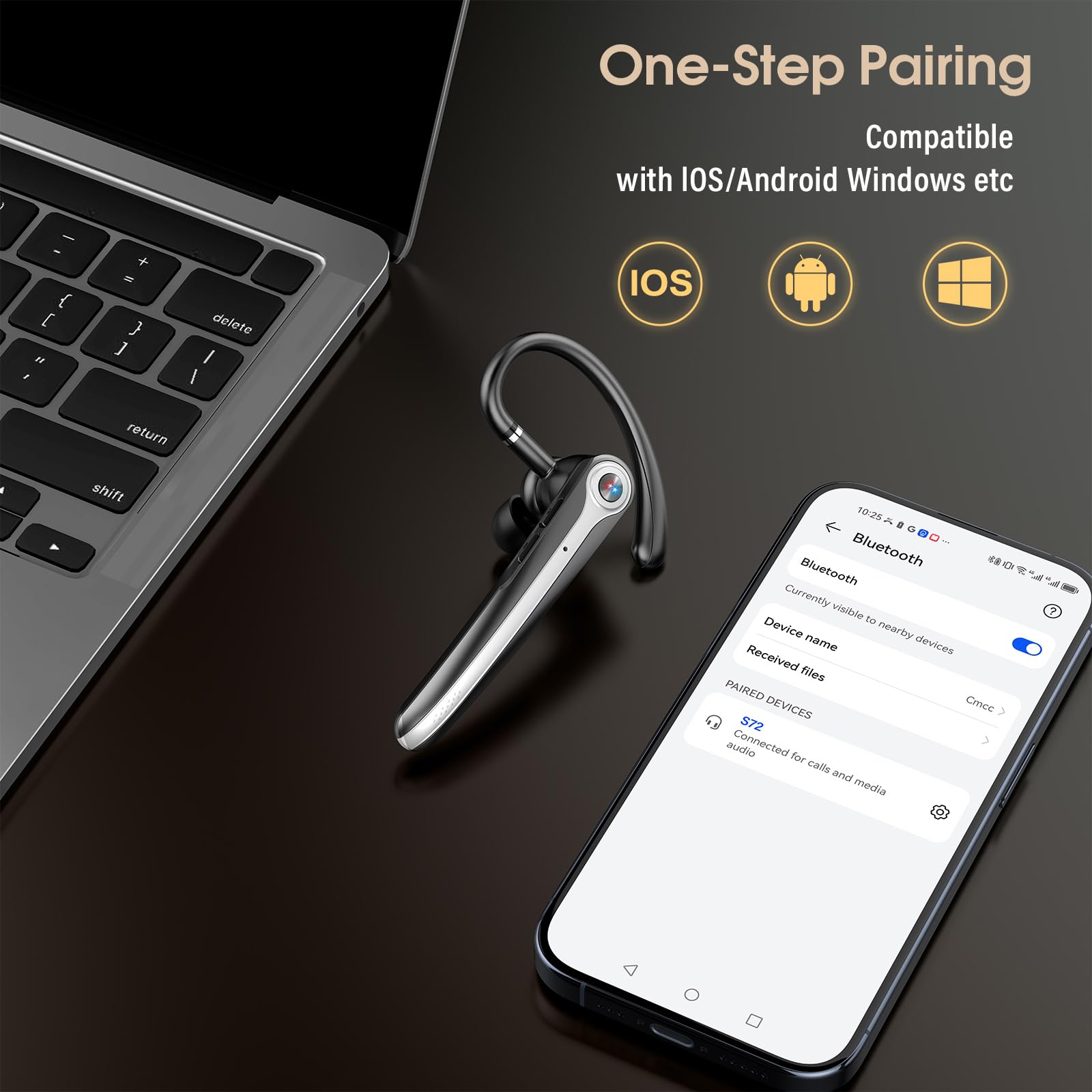 Wireless Bluetooth Headset with ENC Noise Canceling Mic, 120Hrs Talk Time, LED Display, IP7 Waterproof - Single-Ear Headphones for Business, Truckers & Drivers (Black) - Perfect for Hands-Free Calls, Driving, Office & Outdoor Use