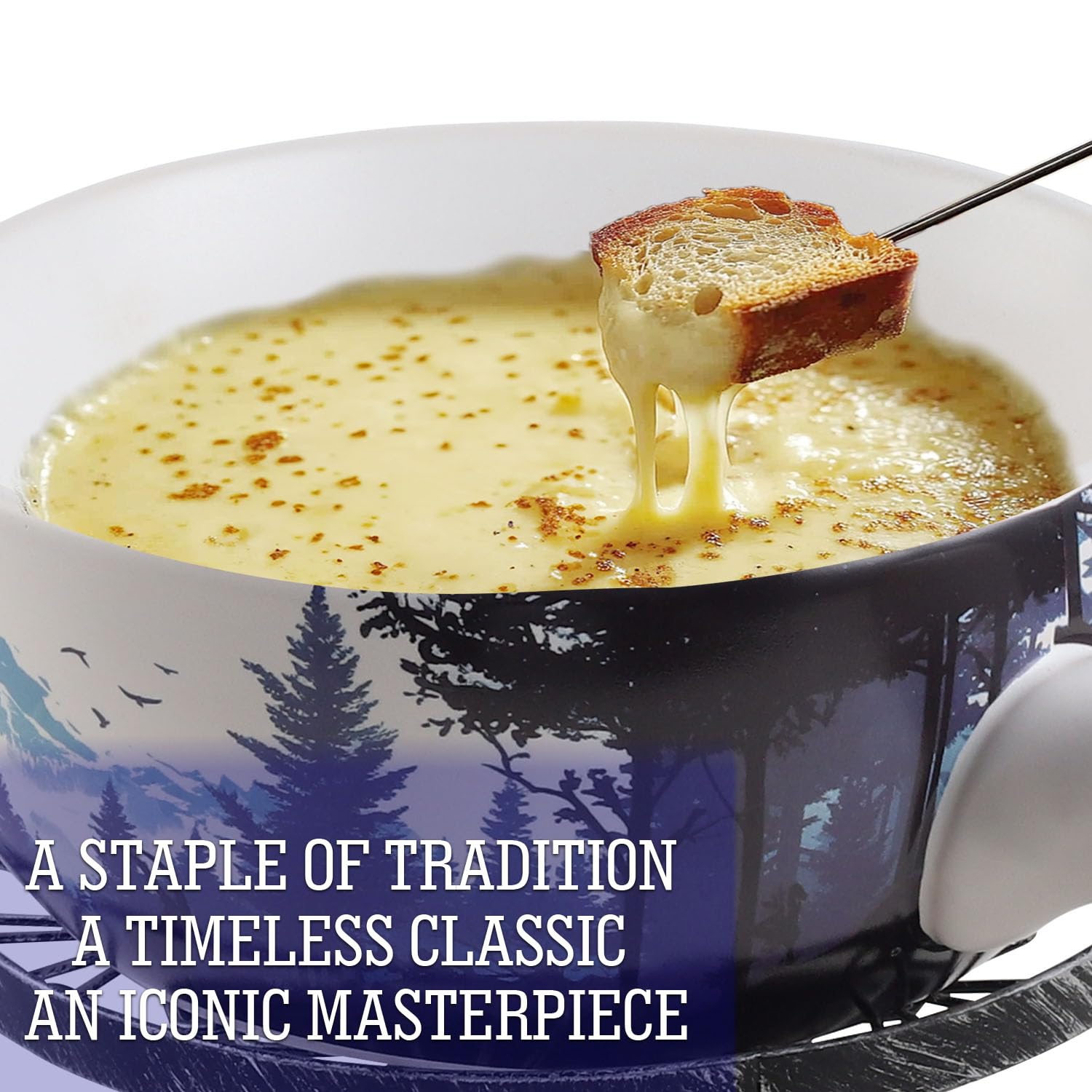 Artestia Serene Summits 2L Large Capacity Fondue Set - Ceramic Cheese & Chocolate Melting Pot with 6 Forks | Perfect for Parties, Christmas, Weddings & Holiday Gifts | Great for Entertaining, Family Gatherings & Romantic Dinners