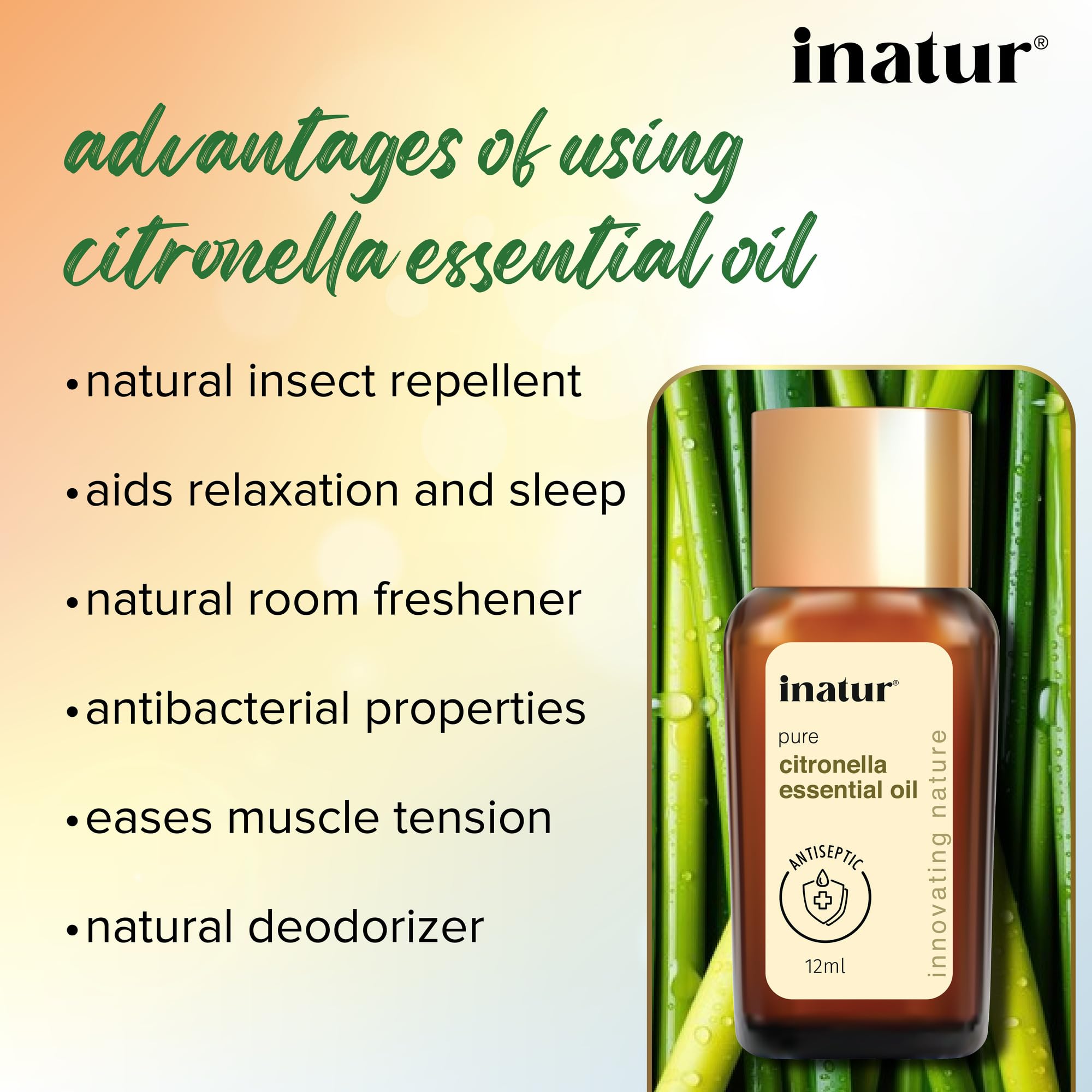 Inatur 100% Pure Citronella Essential Oil - 12ml for Aromatherapy, DIY Skincare & Natural Mosquito Repellent