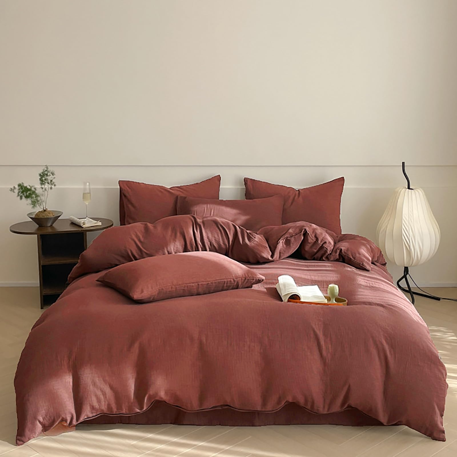 Luxlovery Brick Red Comforter Set King Size - Dark Rust Solid Color Breathable Bedding Set with Quilt & Blanket (3-Piece) for Master Bedroom, Guest Room, or Dorm