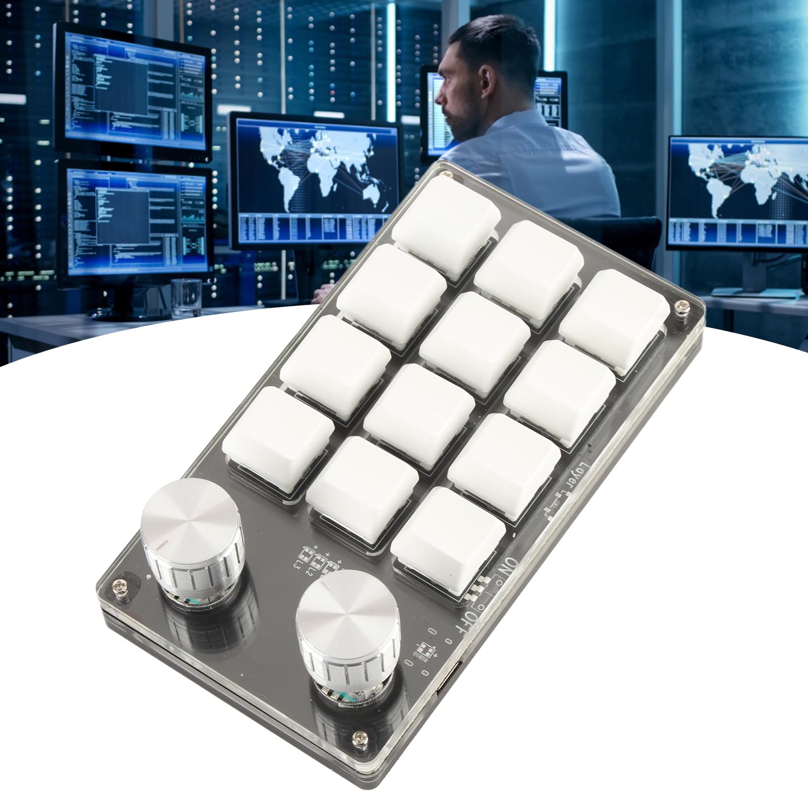 One-Handed Macro Keyboard - 12 Key Programmable USB Keypad with Knob for Office & Gaming (Black/White)