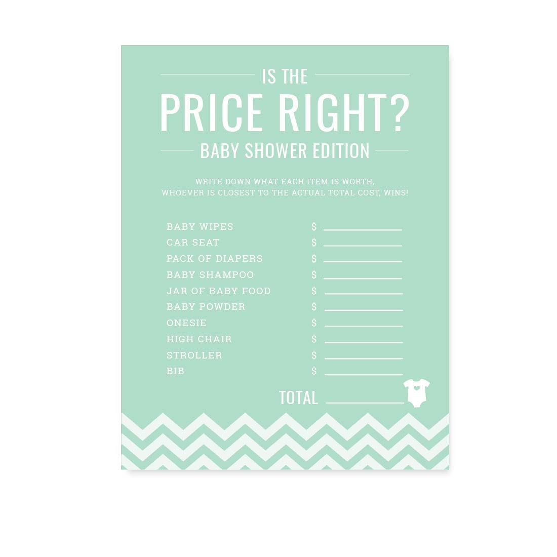 Andaz Press Mint Green Chevron Gender Neutral Baby Shower Decorations Set - 20-Pack Includes Games, Activities & Is The Price Right Game Cards - Perfect for Baby Shower Parties, Gender Reveals & Nursery Decor