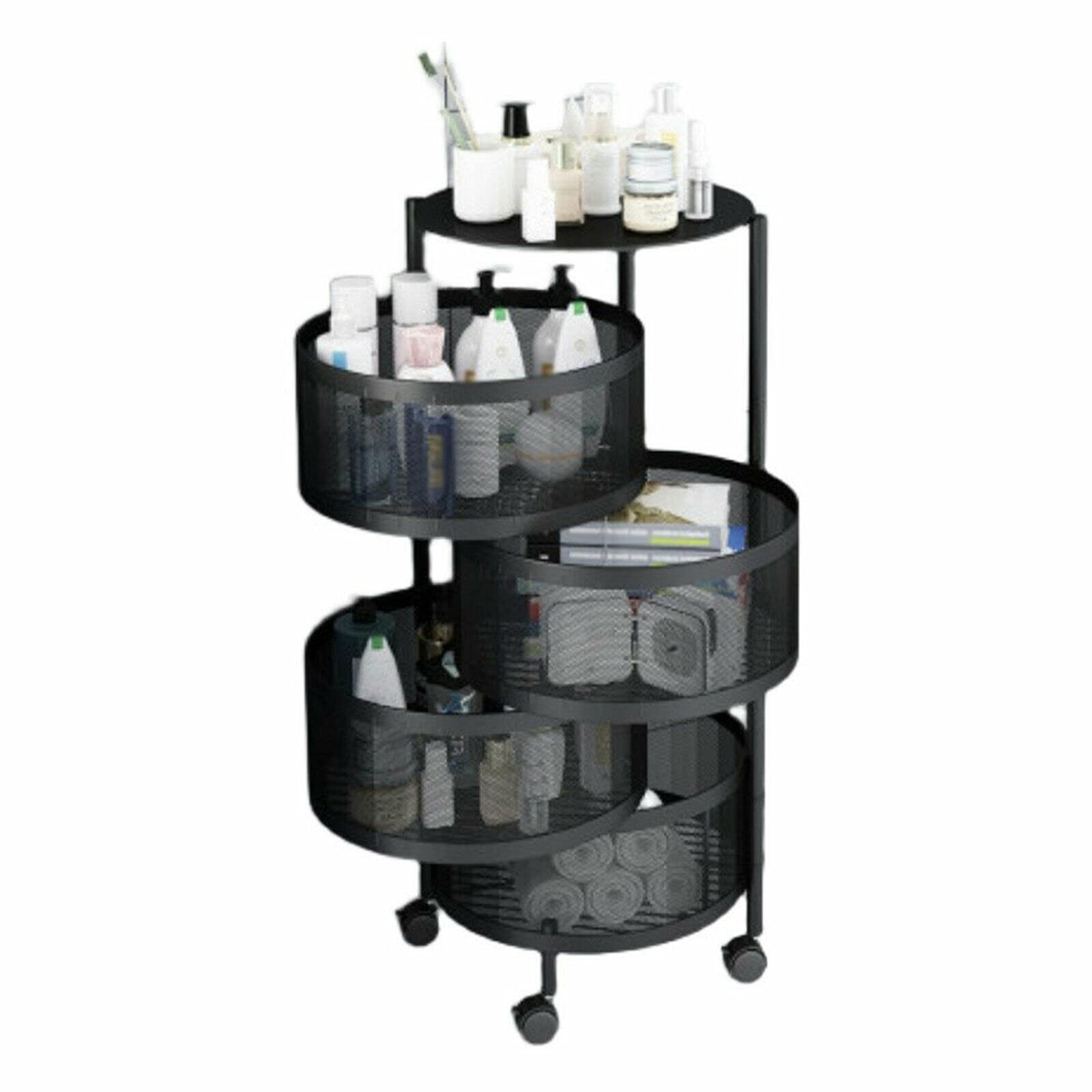 4-Tier Rotating Kitchen Storage Shelf - Space-Saving Fruit & Vegetable Organizer with Wheels, Black Cylinder Design for Pantry, Bathroom, Living Room & Toilet Organization