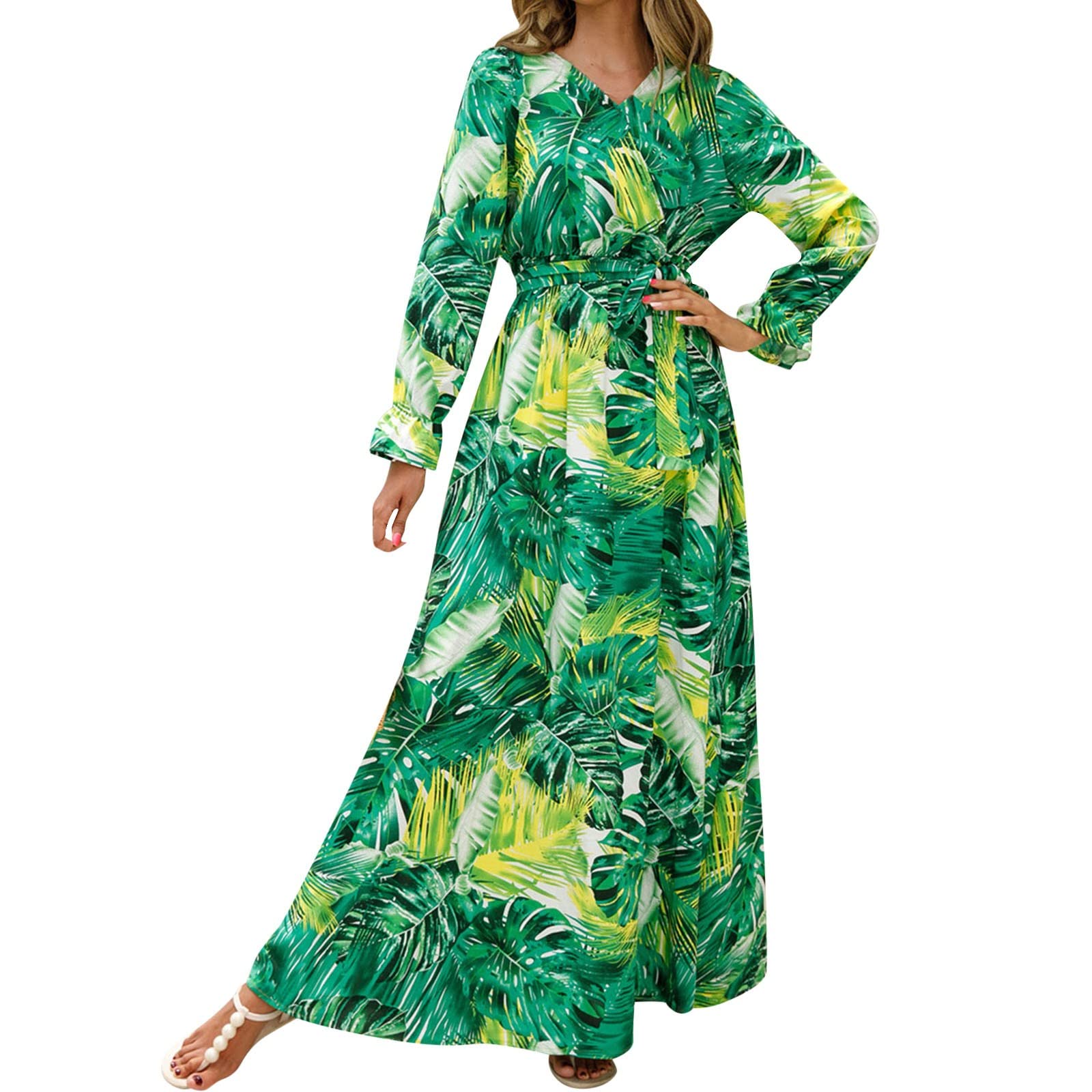 Elegant Women's Casual V-Neck Long Sleeve Printed Dress with Belt | Perfect for Office, Party & Everyday Wear | Bedroom Dresser Organizer