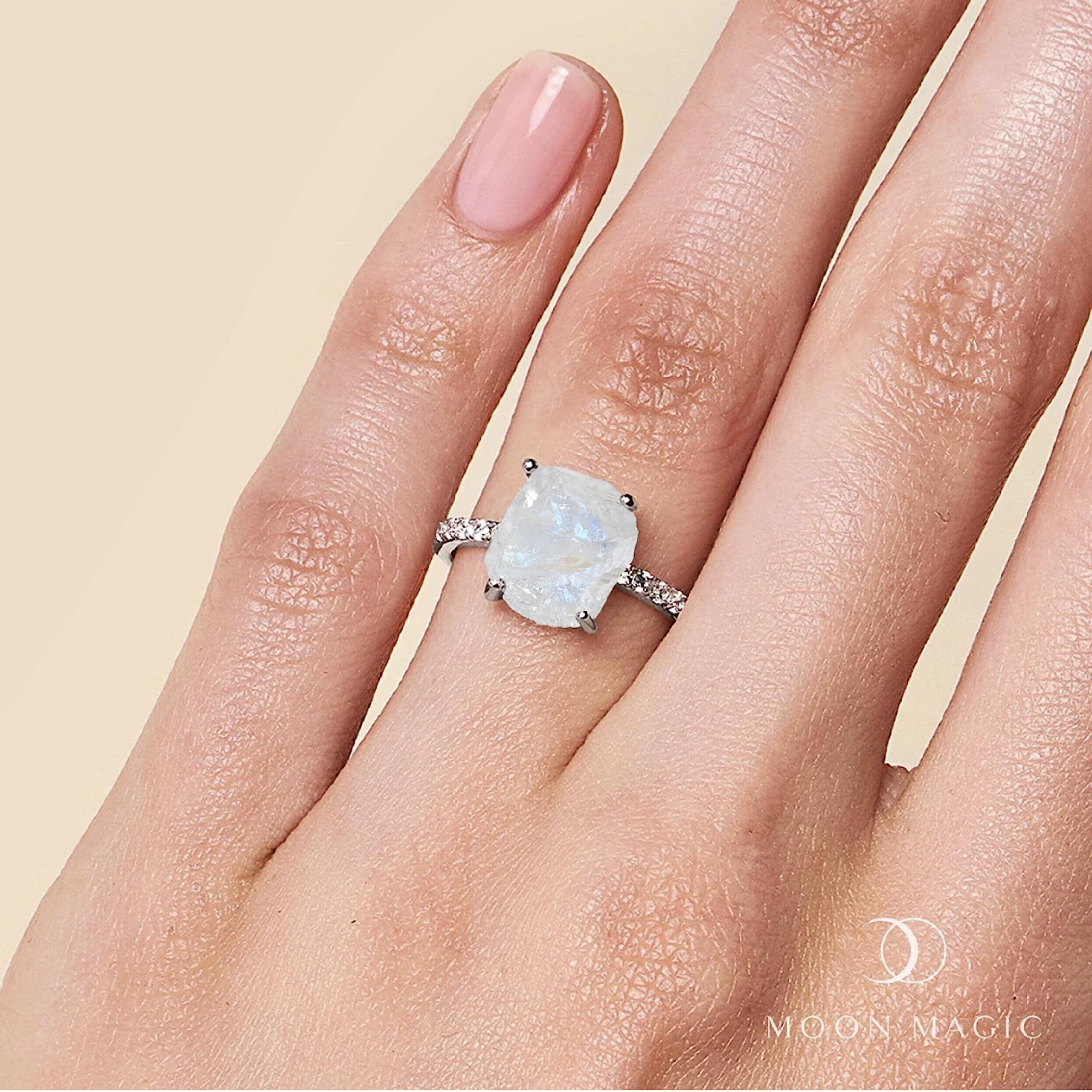 Moon Magic - Authentic Moonstone, Amethyst, Rose Quartz & Aquamarine Rings in 925 Sterling Silver & 18K Rose Gold - Raw Crystal Jewelry for Women - Perfect for Weddings, Anniversaries & Spiritual Healing