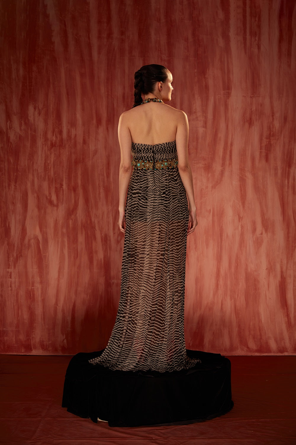 Elegant Black & White Byzantine Halter Neck Dress with Gold Jeweled Hand Embroidery - Perfect for Evening Parties, Weddings & Special Occasions