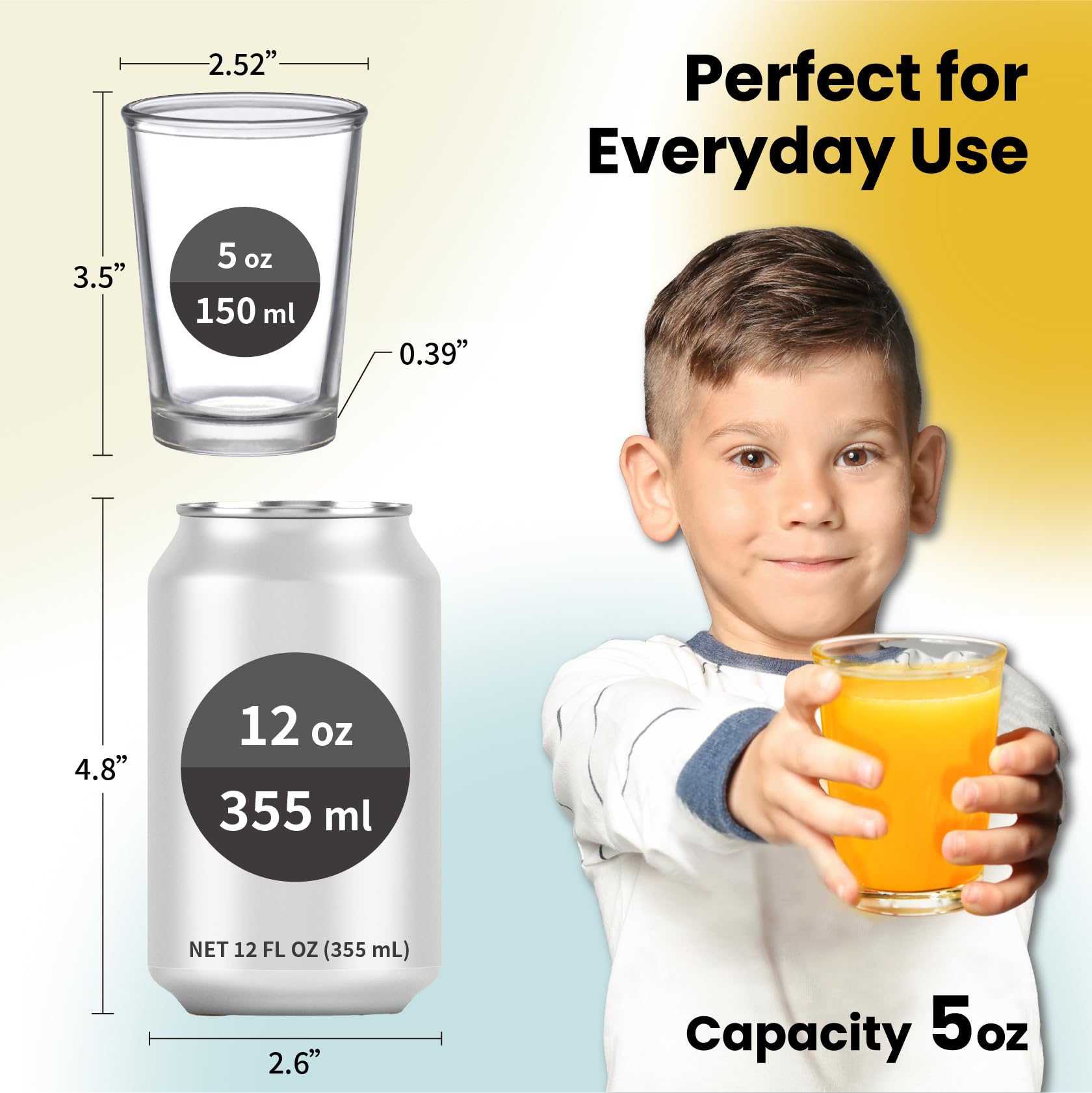 SOUL ONE 5 oz Small Juice Glasses - Set of 6 Stackable Heavy Base Drinking Glasses for Kids & Adults - Perfect for Orange Juice, Water, Milk, Coffee - Ideal for Breakfast, Brunch, Parties & Everyday Use