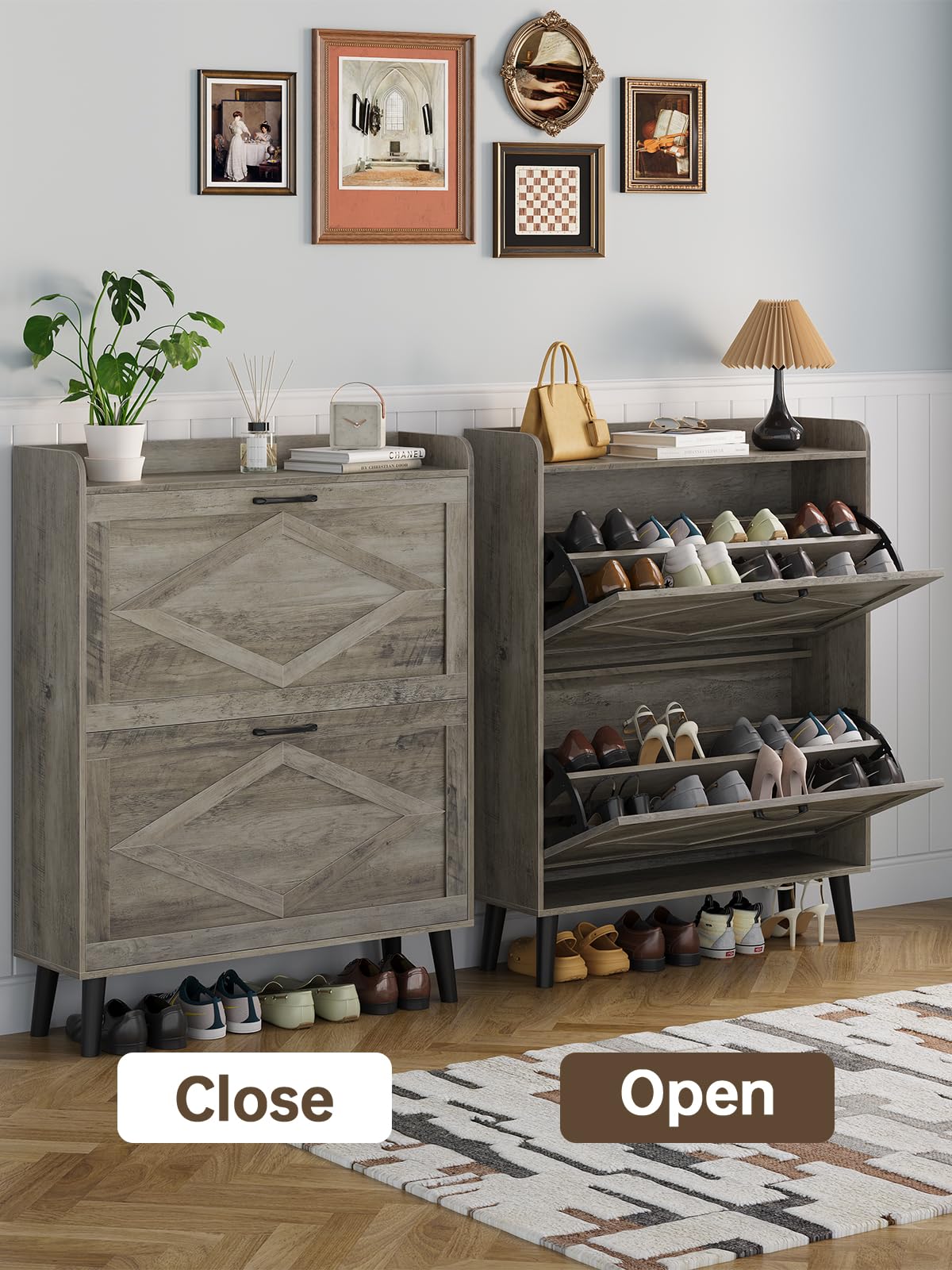 Farmhouse Narrow Shoe Storage Cabinet with 2 Flip Drawers - Slim Entryway Shoe Organizer with Wood Legs in Washed Gray | Perfect for Small Spaces, Hallways & Closet Organization