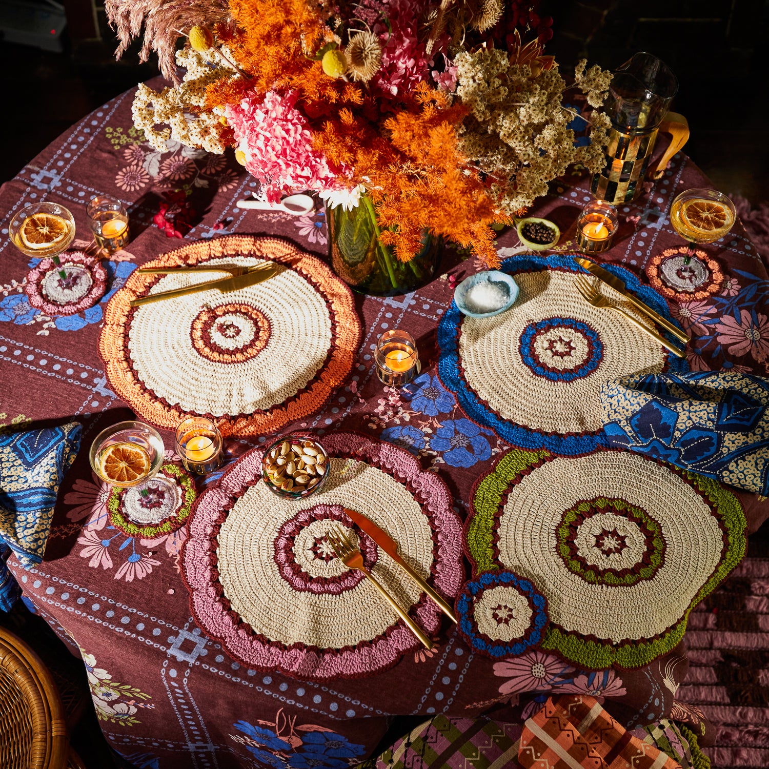 Handmade Hema Crochet Placemat Set - 6-Piece Boho Table Mats for Dining Table Decor, Farmhouse Kitchen, and Wedding Party Settings
