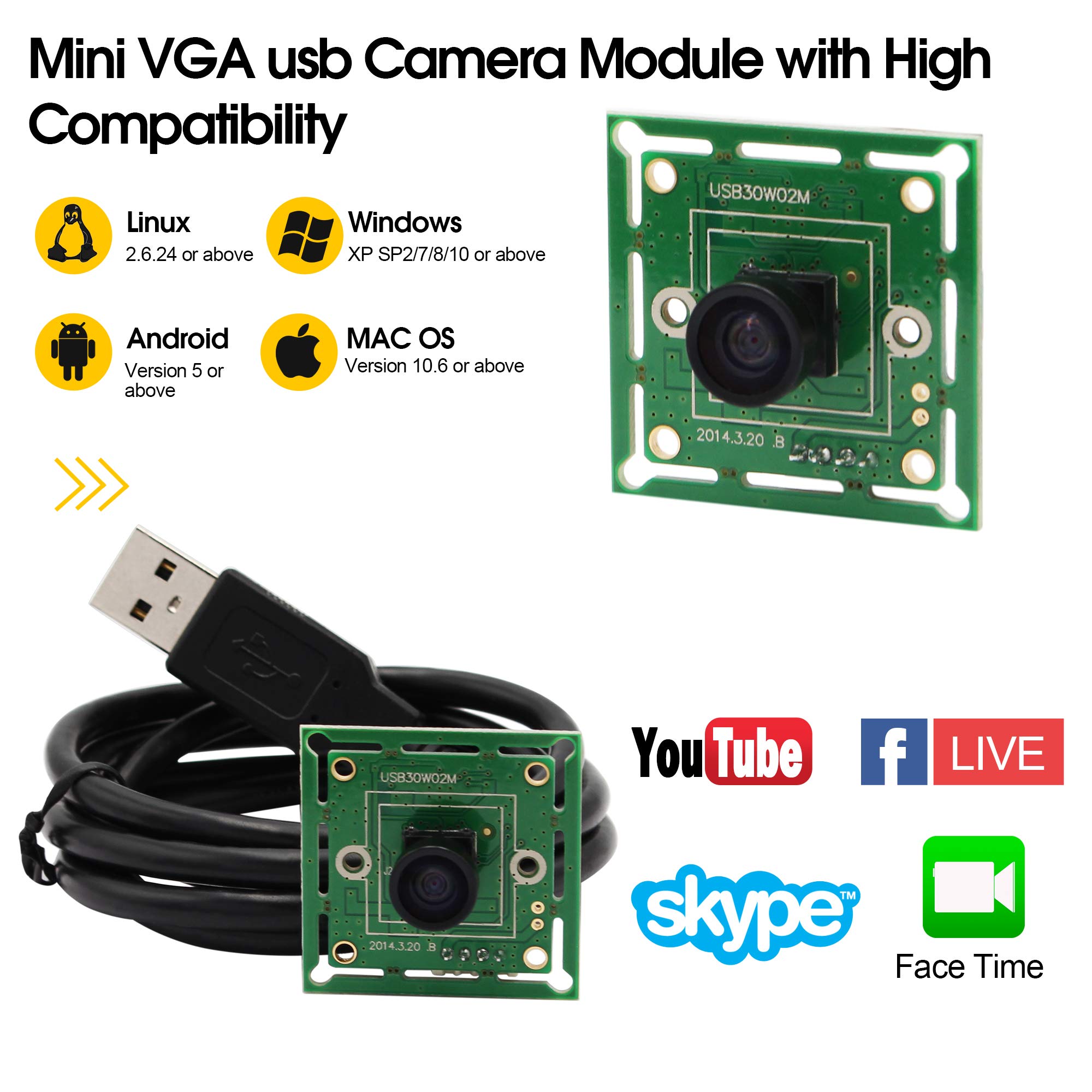 G 60fps USB Camera Module - 0.3MP VGA Webcam with 120° Wide Angle Lens, 480P Resolution for Windows/Android/Mac/Linux/Raspberry Pi | Perfect for Video Conferencing, Live Streaming & Embedded Systems