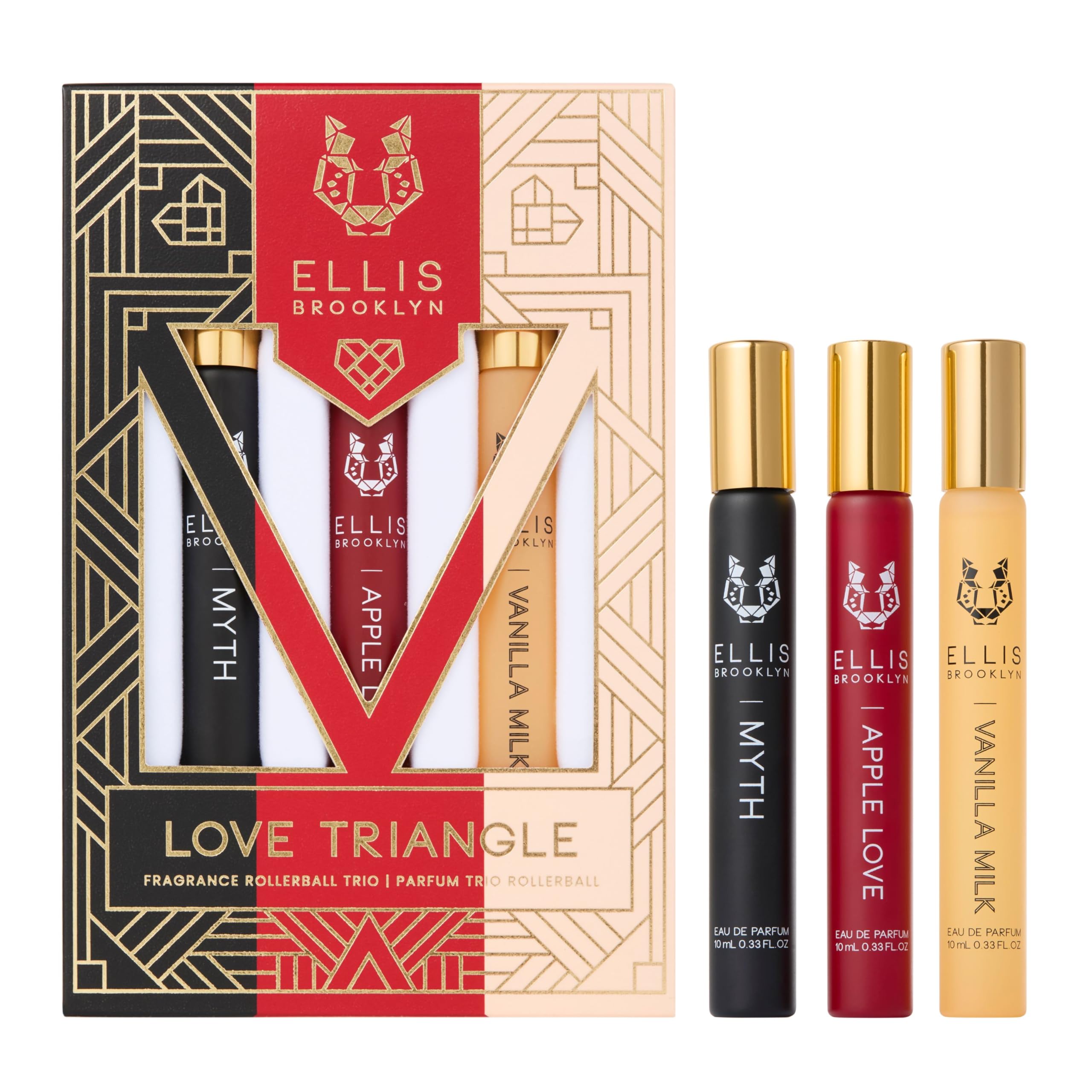 Ellis Brooklyn LOVE TRIANGLE Rollerball Trio - Clean Fragrance Gift Set for Women (Apple Love, Vanilla Milk, Myth) | Travel-Size Perfumes for Everyday Wear, Date Night & Special Occasions