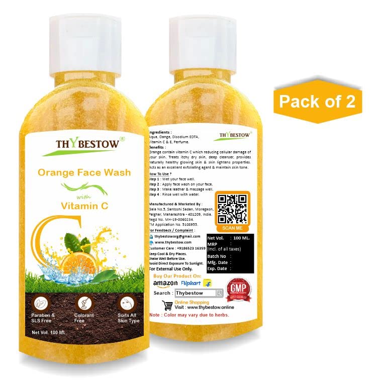ThyBestow Vitamin C Orange Face Wash for Men & Boys - Brightening & Acne Control (Pack of 2, 100ml) - Daily Skincare for Oily & Sensitive Skin