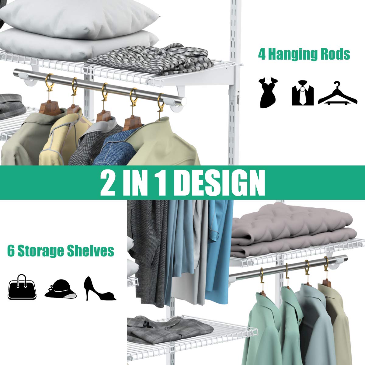 Moccha Adjustable Wall Mounted Closet Organizer System - White Metal Hanging Storage Rack with Shelves & Rod for Bedroom Wardrobe Organization | Perfect for Small Spaces, Walk-in Closets & Apartment Storage Solutions