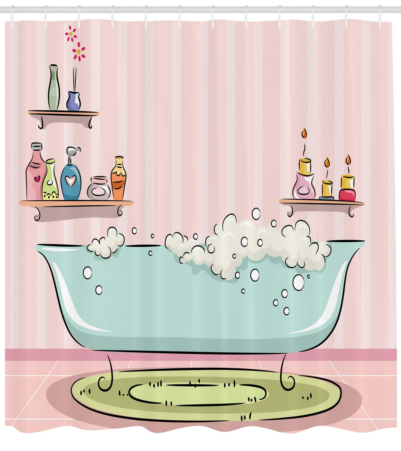Ambesonne Feminine Shower Curtain - Pink & Blue Bathtub with Bubbles Illustration, Aromatherapy Bathroom Decor Set with Hooks, 69x70 Inches, Soft Cloth Fabric | Perfect for Spa-Like Bathrooms, Girls' Room Decor & Relaxing Aromatherapy Sessions