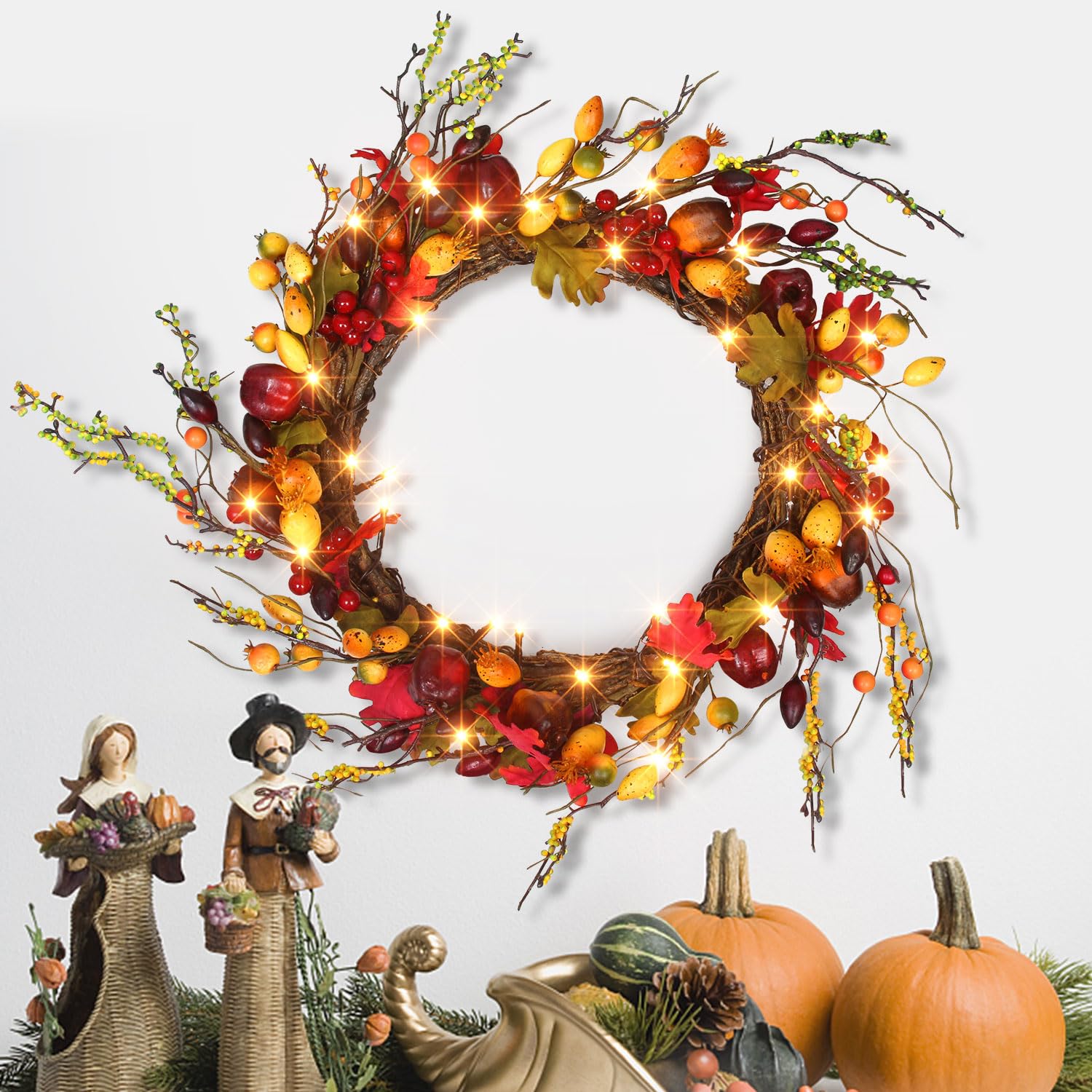 20 Inch LED Artificial Fall Wreath with Colorful Berries - Autumn Thanksgiving Harvest Decor for Front Door, Wall & Window - Indoor/Outdoor Decoration for Home, Festival Celebration & Seasonal Party Decorating