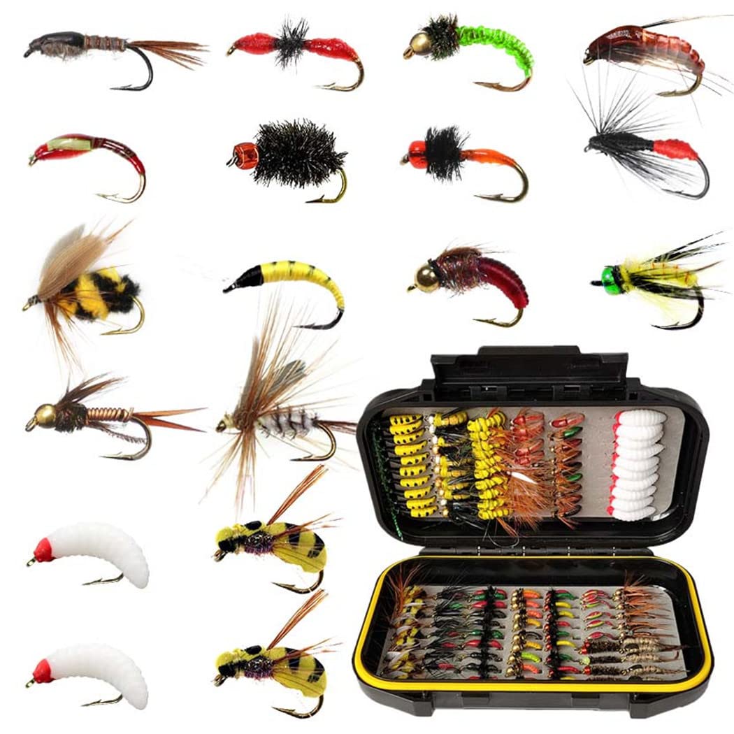 Premium Fly Fishing Flies Kit - 32 to 148 Pcs Assortment for Trout, Steelhead, Salmon & Bass | Dry Flies, Wet Flies, Nymphs, Streamers & Maggots | Complete Fly Lure Set for Freshwater & Saltwater Fishing | Ideal for Fly Fishing Beginners & Experts
