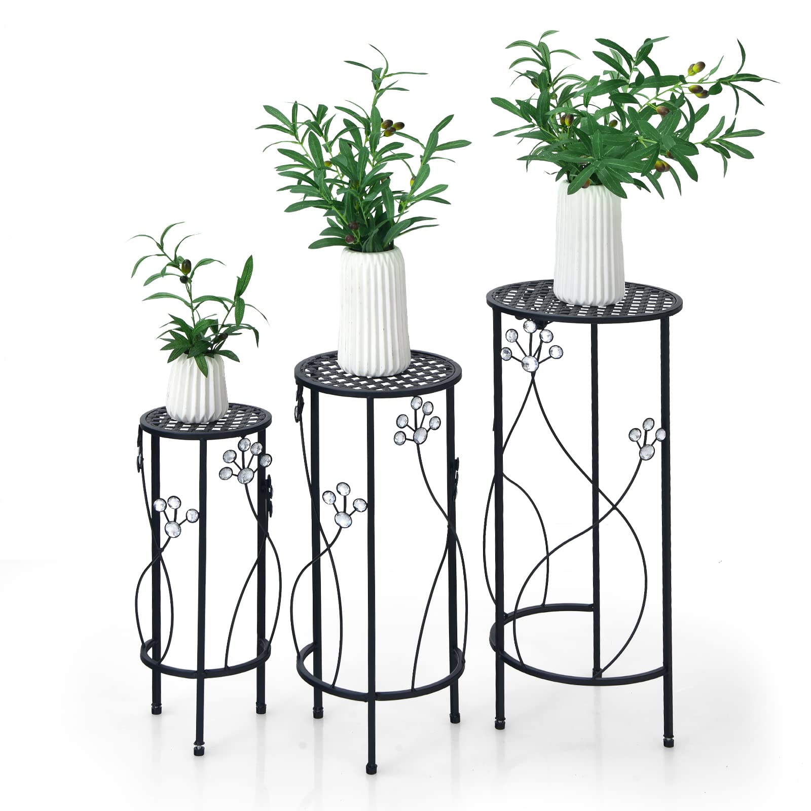 Giantex 3-Piece Metal Plant Stand Set with Vines & Crystal Floral Design - Round Iron Flower Pot Display Rack for Indoor Outdoor Home, Patio, Garden Decor - Perfect for Living Room, Balcony, and Office Spaces