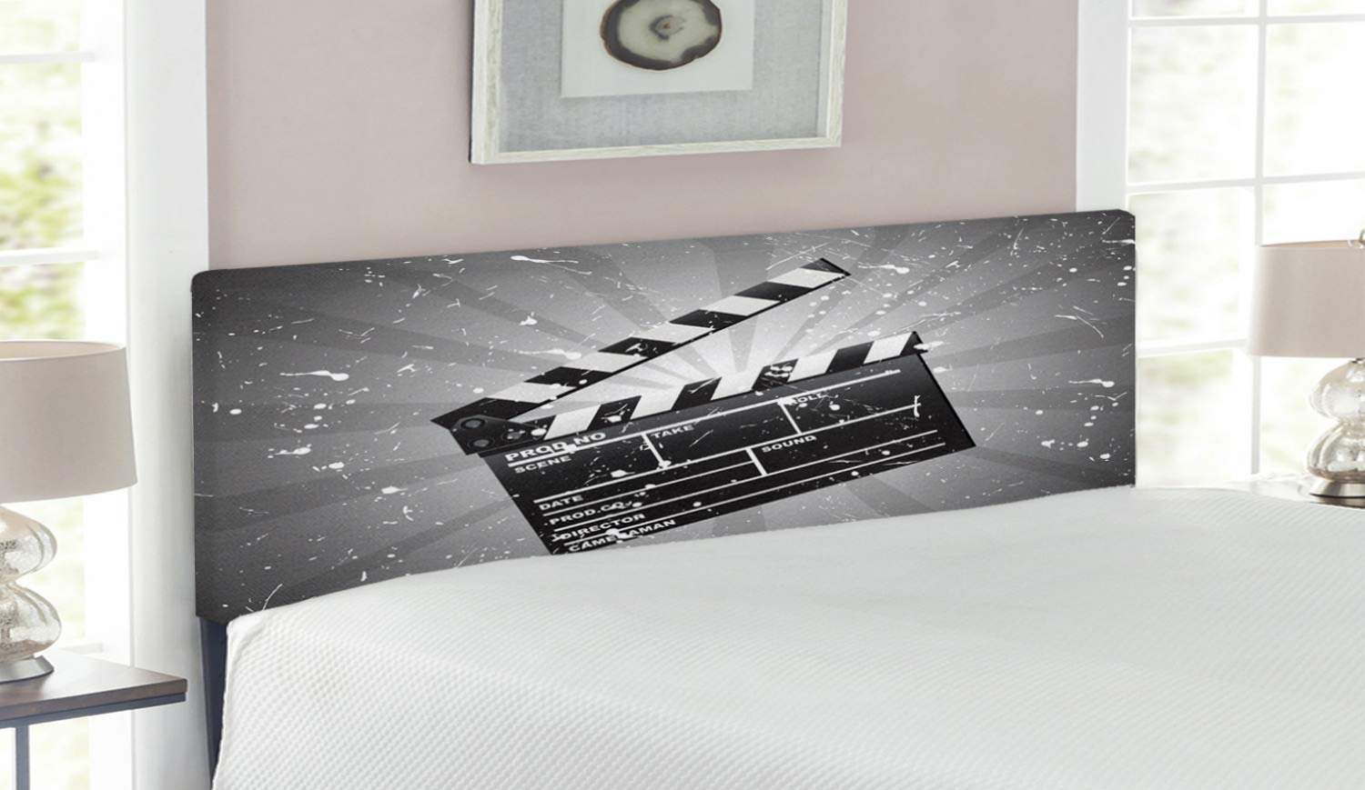 Ambesonne Movie Theater Headboard - Clapper Board Retro Grunge Director Cut Scene Upholstered Metal Bed Headboard with Memory Foam - Queen Size White Black Grey - Perfect for Home Theater Bedrooms & Film Lover Decor