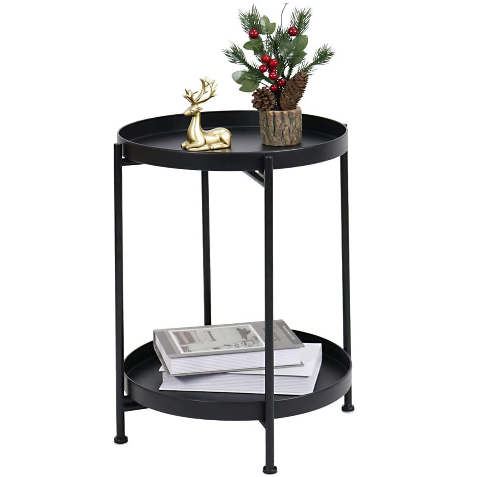 2-Tier Metal Round Tray Side Table - Small Folding Accent Coffee Table with Anti-Rust & Waterproof Finish - Perfect for Living Room, Bedroom, Balcony & Office - Black