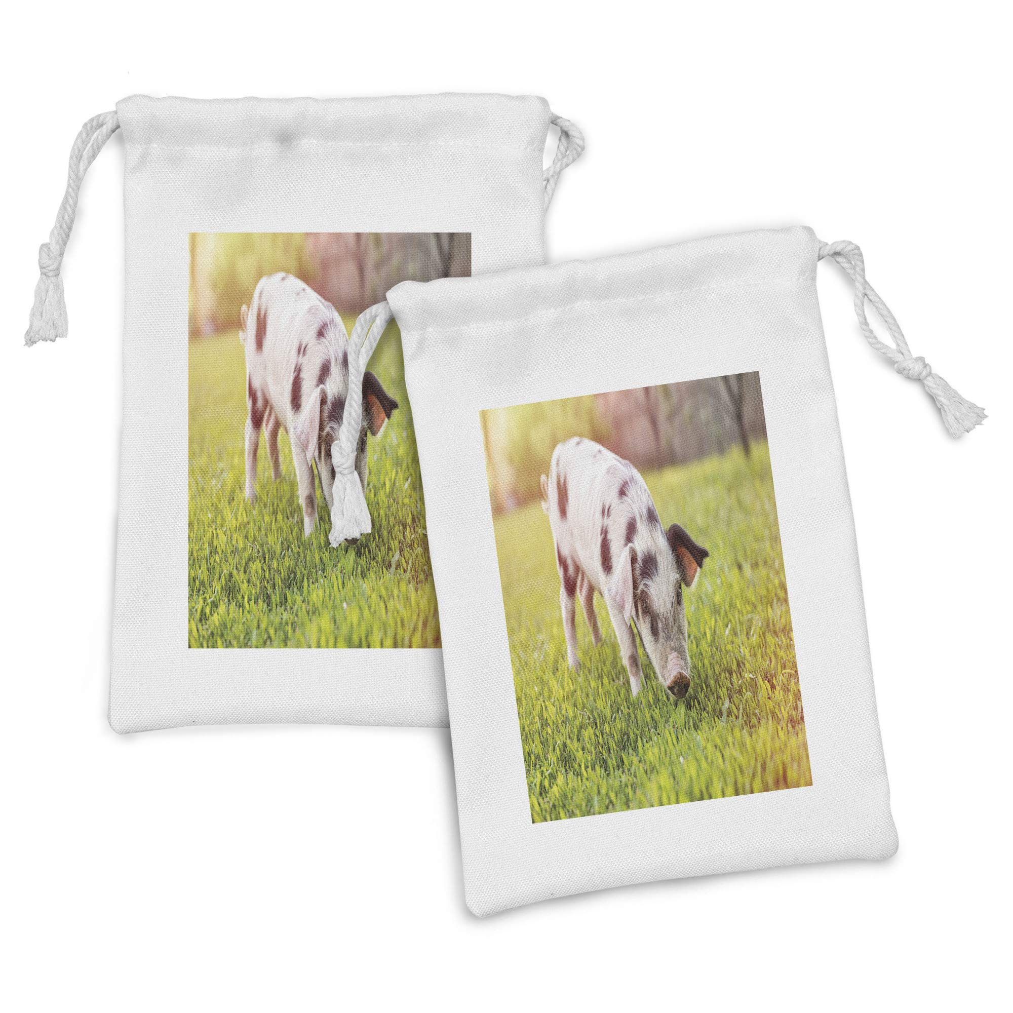 Ambesonne Farm Animal Fabric Pouch Set of 2 - Cute Spotted Pig Design on Grass Background, Small Drawstring Bags for Toiletries, Masks & Party Favors (9