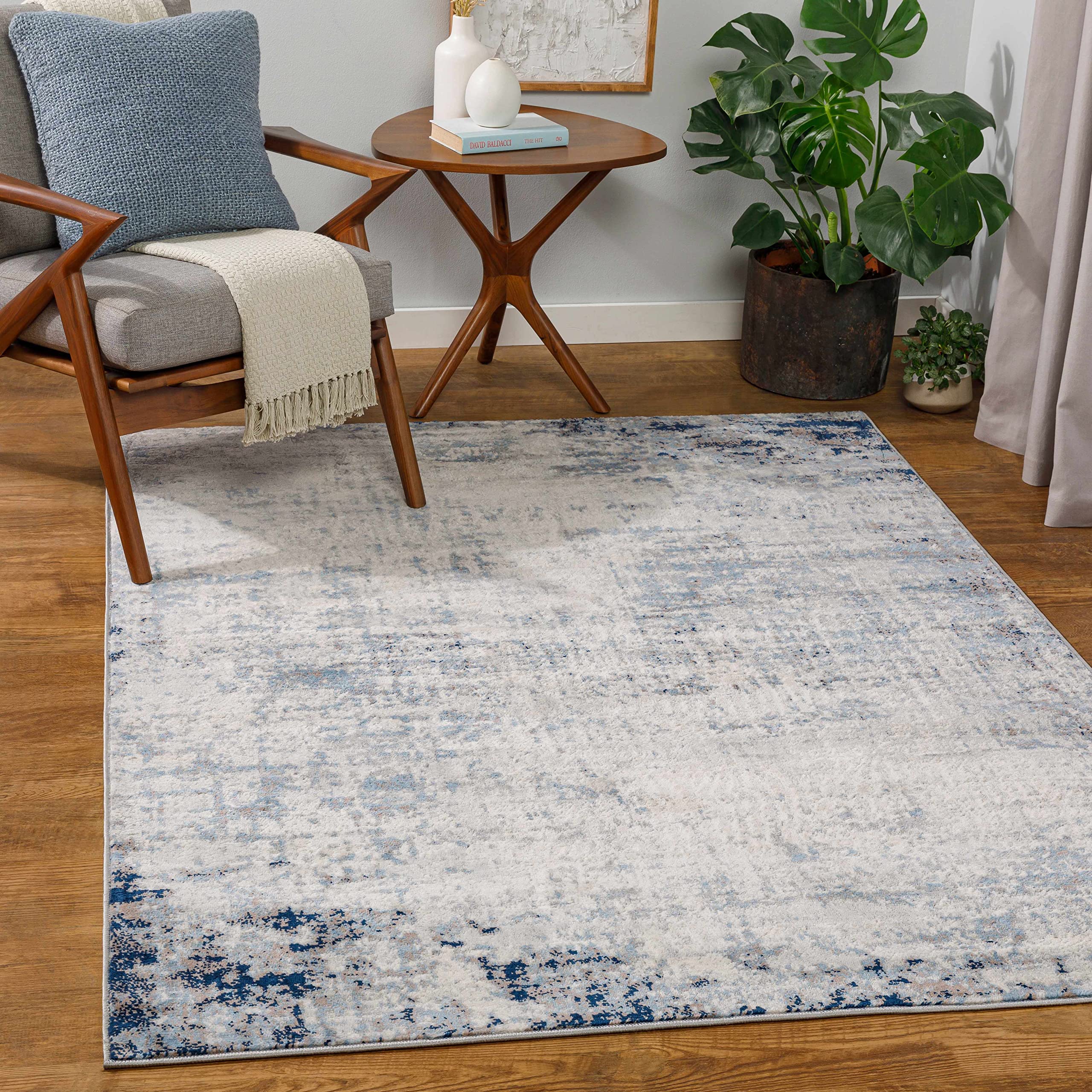 Hauteloom Texanna Neutral Abstract Bohemian Area Rug - Modern Distressed Carpet in Blue, Gray & Cream - 7'10