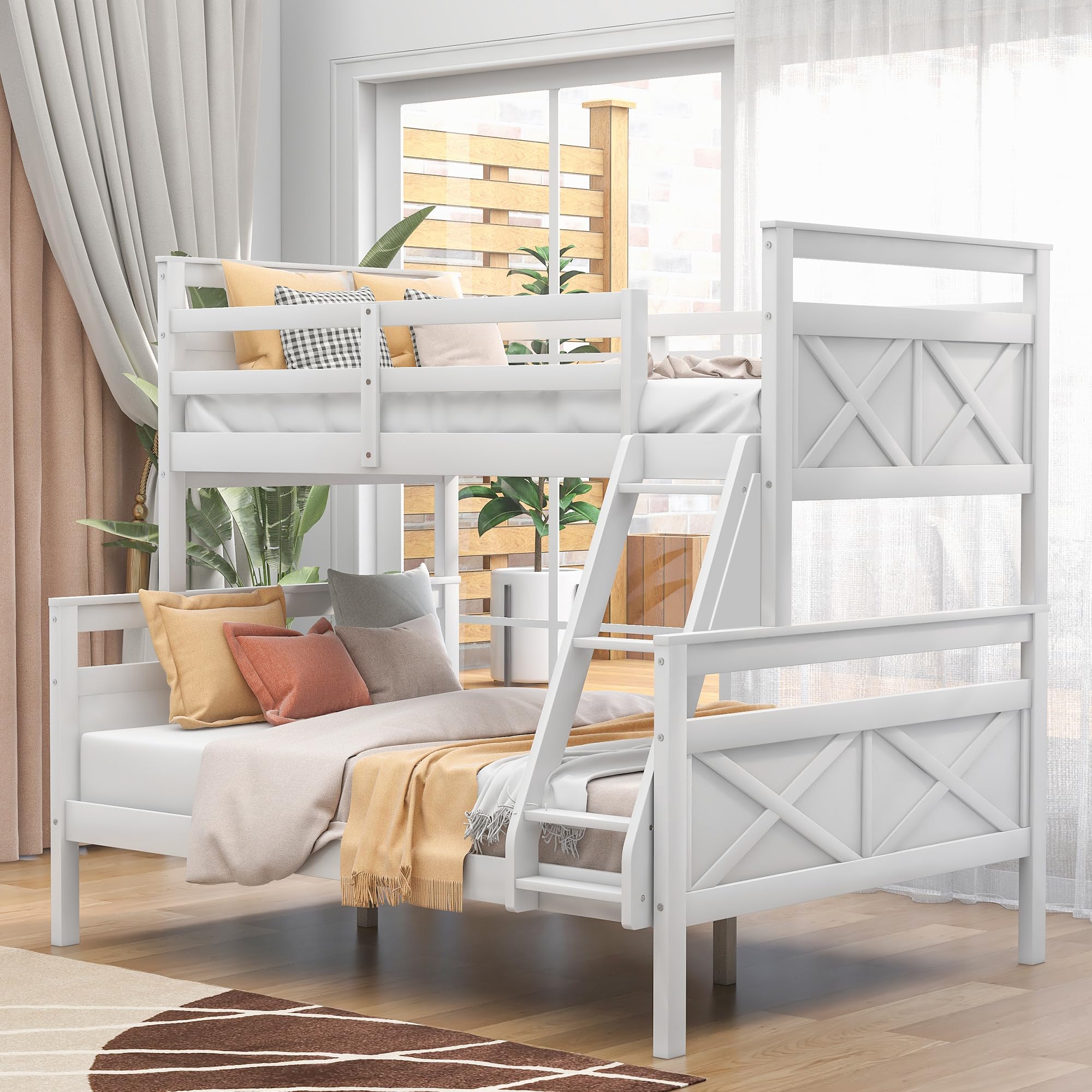 P PURLOVE Twin Over Full Bunk Bed - Convertible Wood Bunk Beds with Ladder for Kids & Guest Rooms