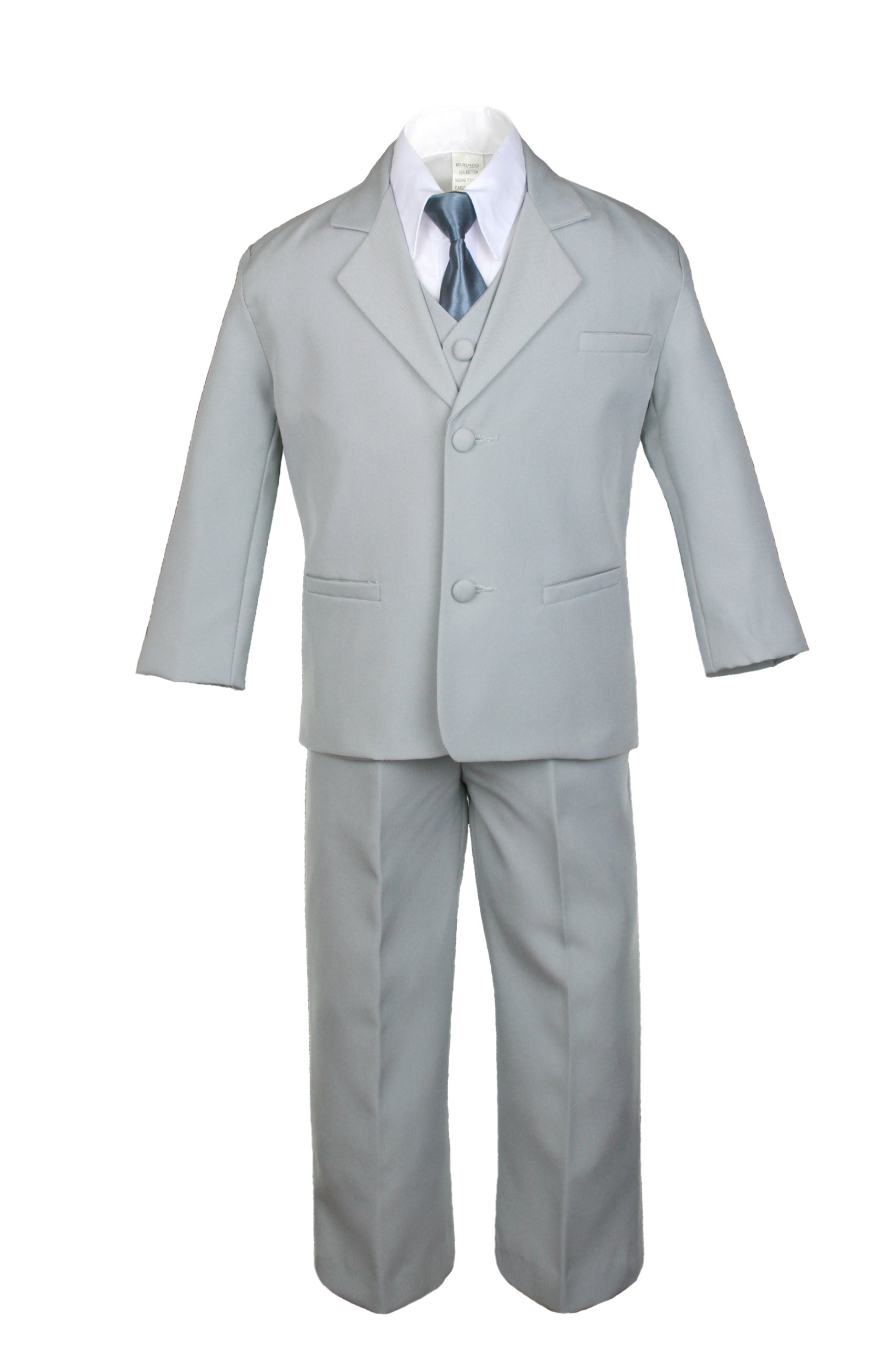6-Piece Boys Gray Vest Tuxedo Suits Set with Satin Dark Gray Necktie - Formal Wear for Baby, Toddler & Teen - Perfect for Weddings, Parties & Special Occasions