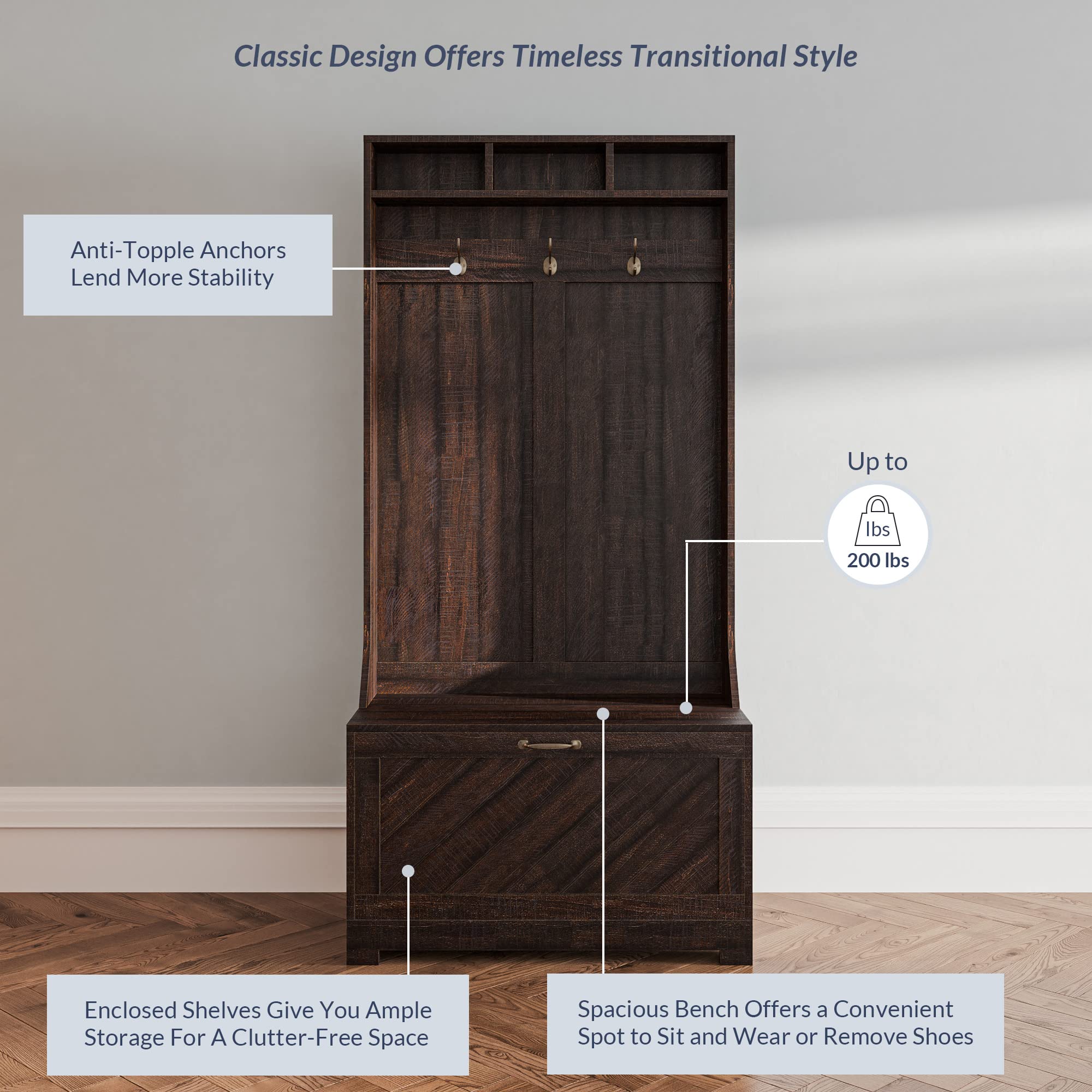 BELLEZE 3-in-1 Entryway Hall Tree with Coat Rack, Storage Bench & Shoe Organizer - Freestanding Entry Storage Furniture for Small Spaces - Hilo Espresso Finish - Perfect for Mudroom, Foyer or Apartment Entryway Organization